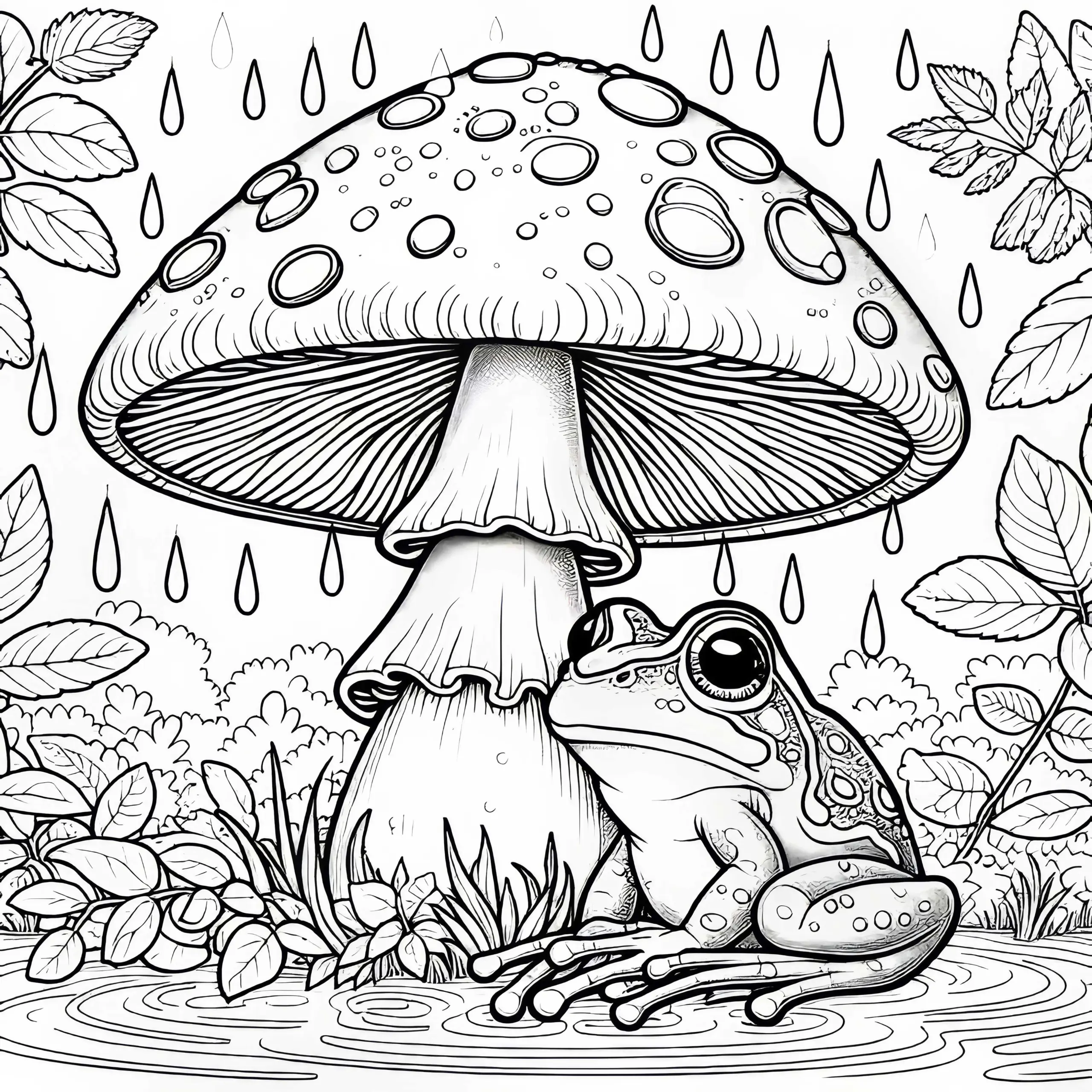 Ausmalbild: Frosch unter einem großen Pilz im Regen (Gratis)