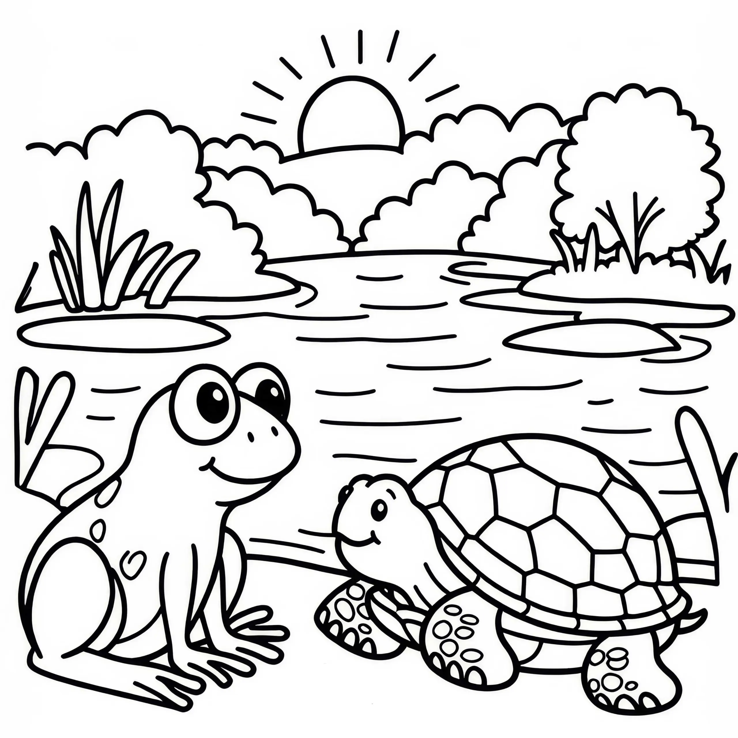 Ausmalbild mit Frosch und Schildkröte am Teich (Kostenlos)
