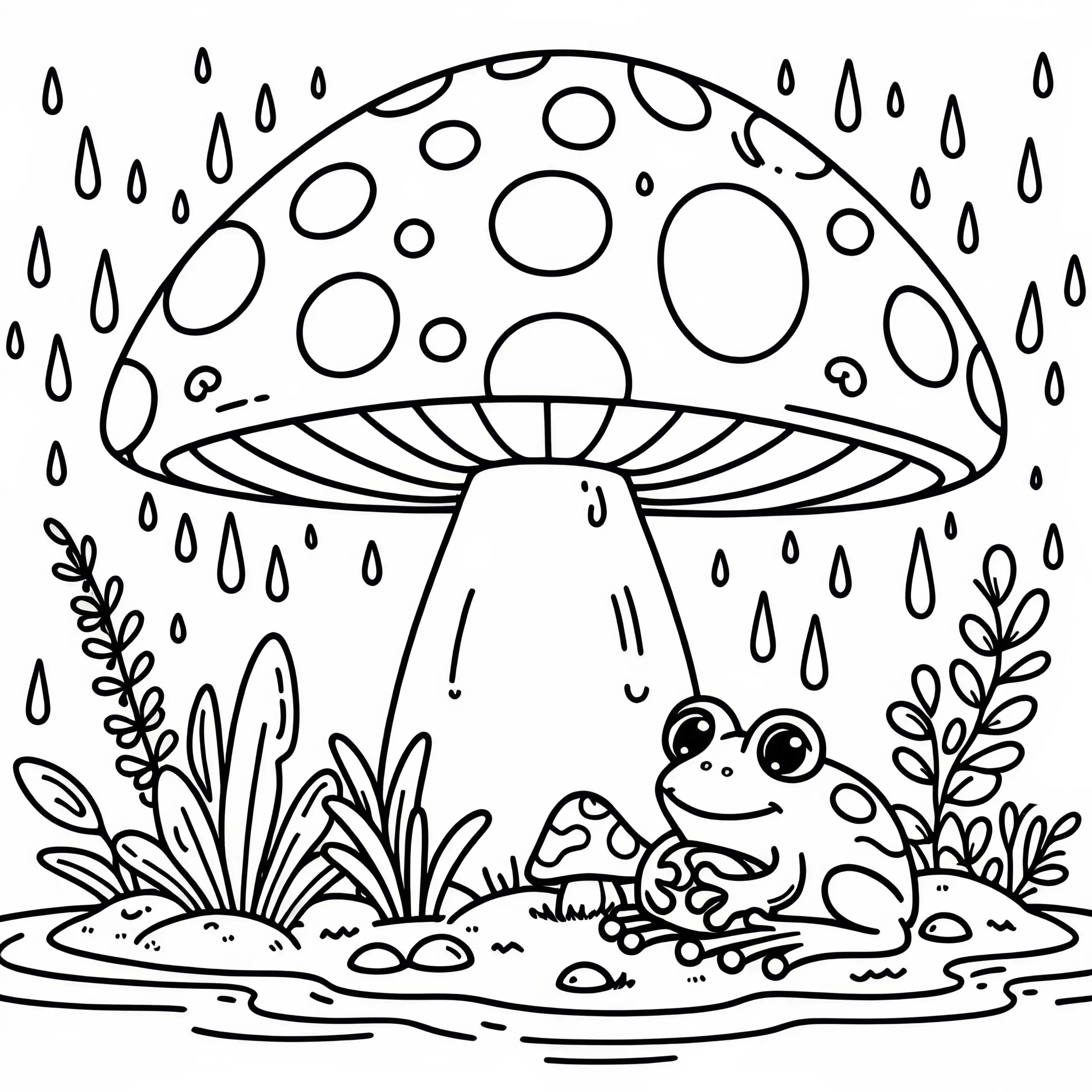 Ausmalbild: Frosch unter einem großen Pilz im Regen (Kostenlos)