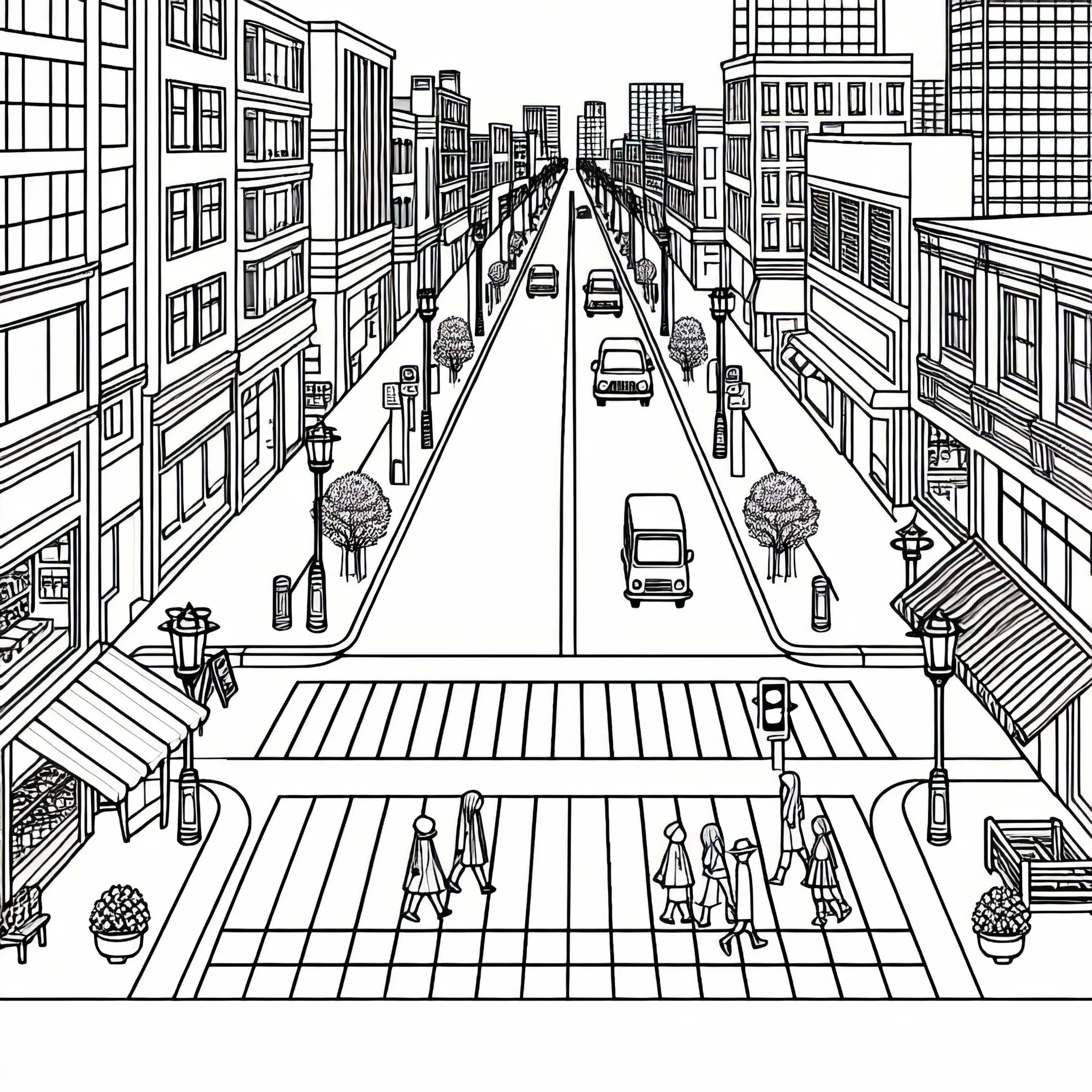 Ausmalbild: Fußgängerzone in der Stadt