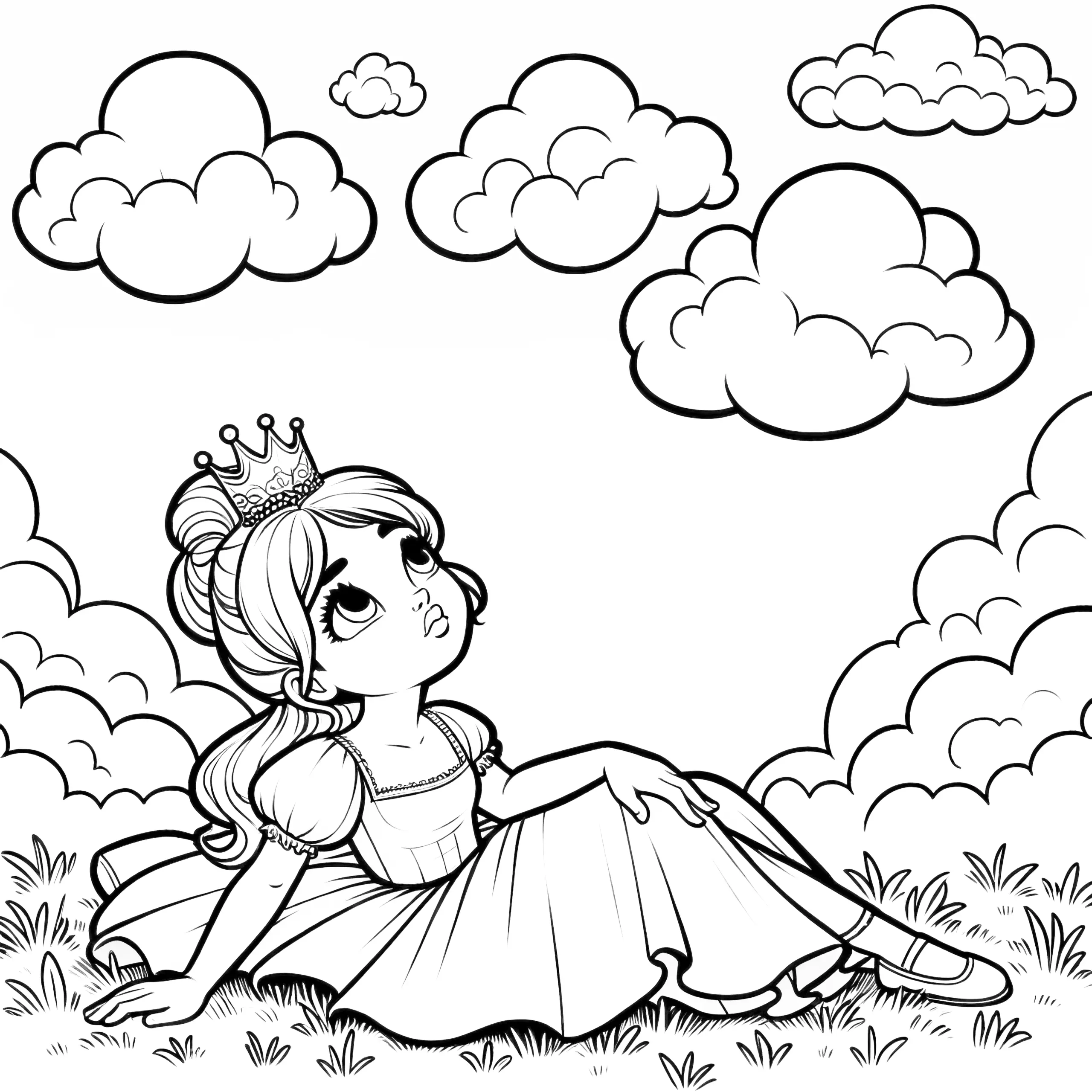 Ausmalbild gratis: Prinzessin schaut verträumt in den Himmel