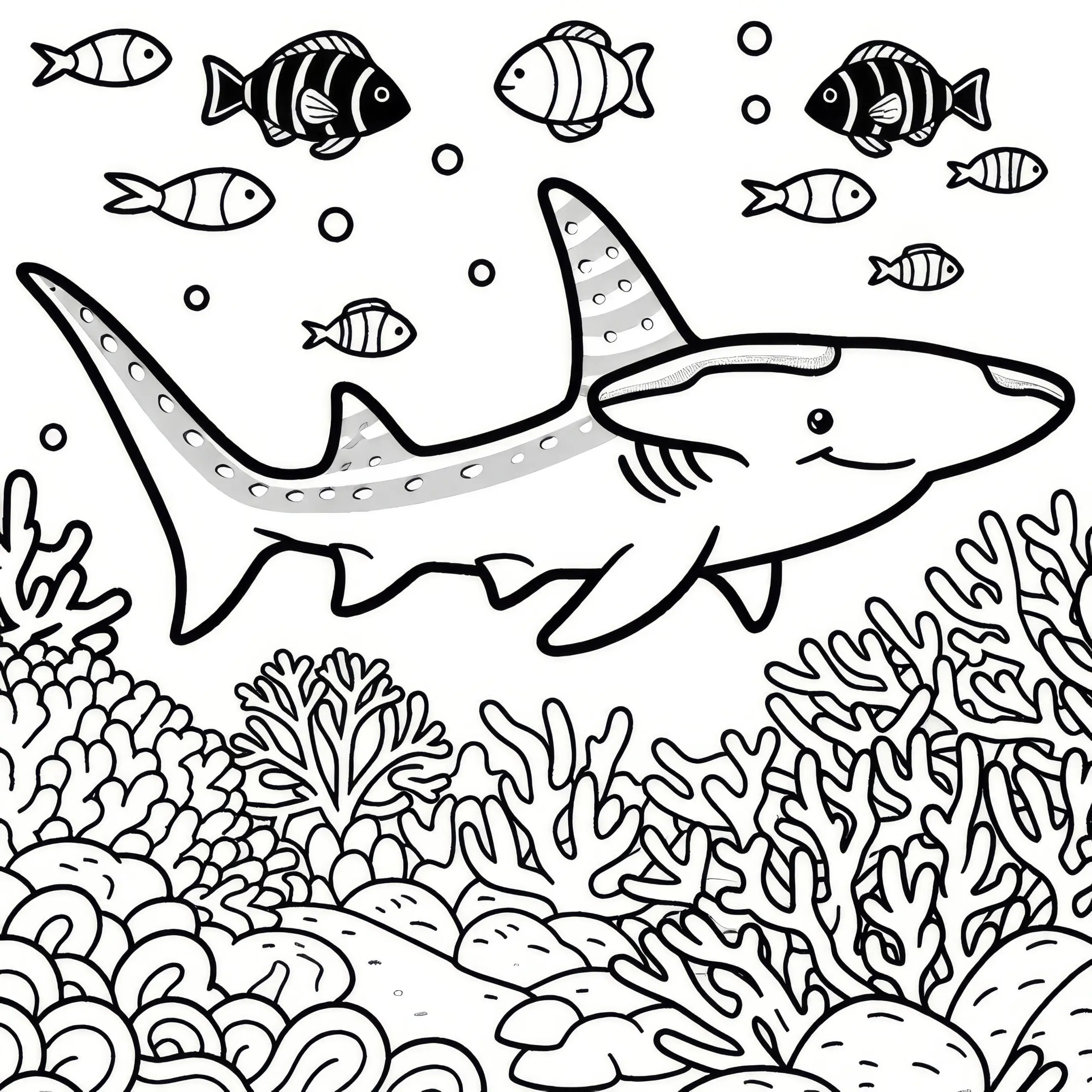 Ausmalbild: Hai schwimmt zwischen Korallen und Fischen (Gratis)