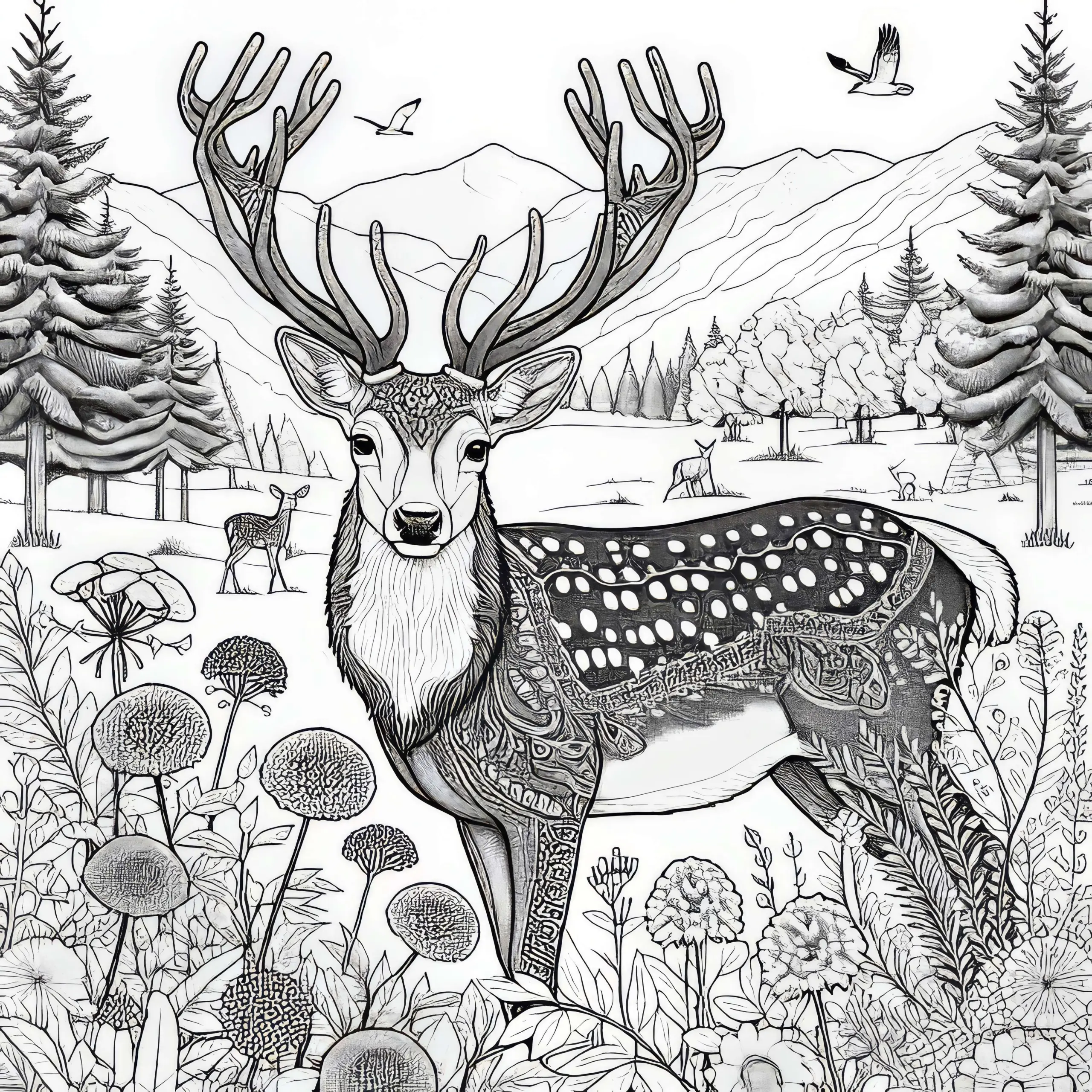 Ausmalbild: Hirsch auf einer Lichtung in Berglandschaft (Kostenlos)