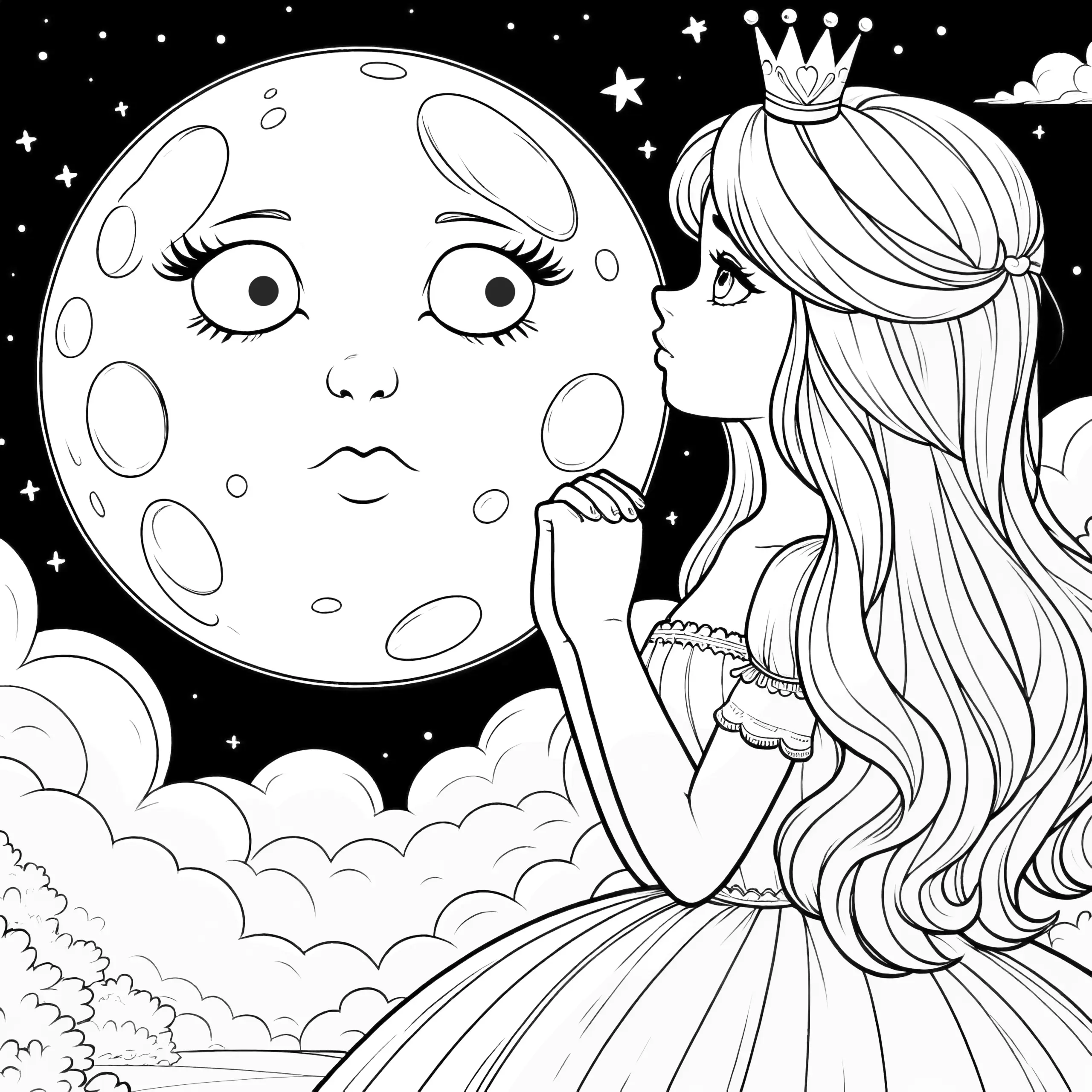 Ausmalbild kostenlos: Prinzessin mit Mond und Sternen bei Nacht