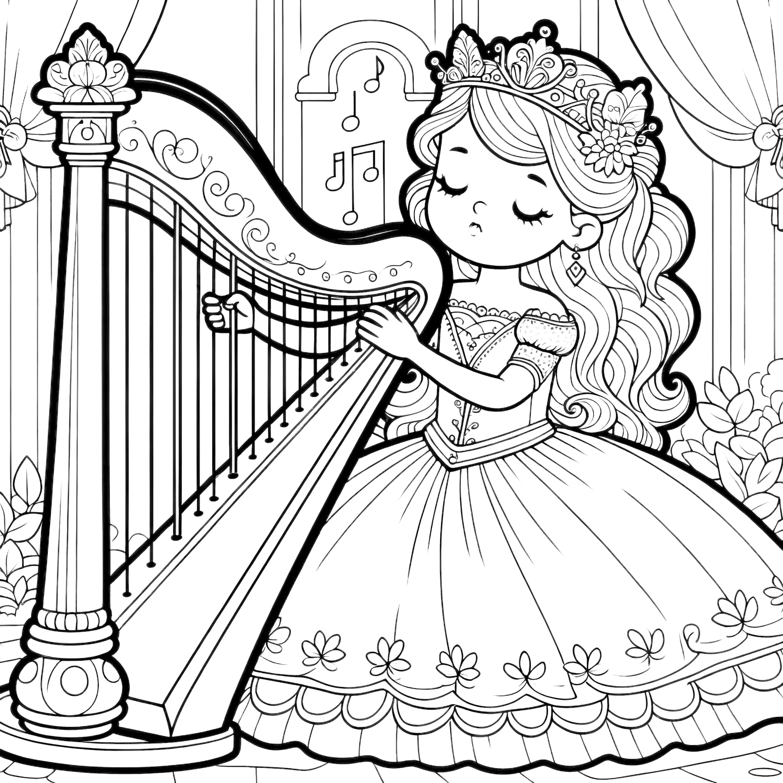 Ausmalbild kostenlos: Prinzessin spielt auf einer Harfe