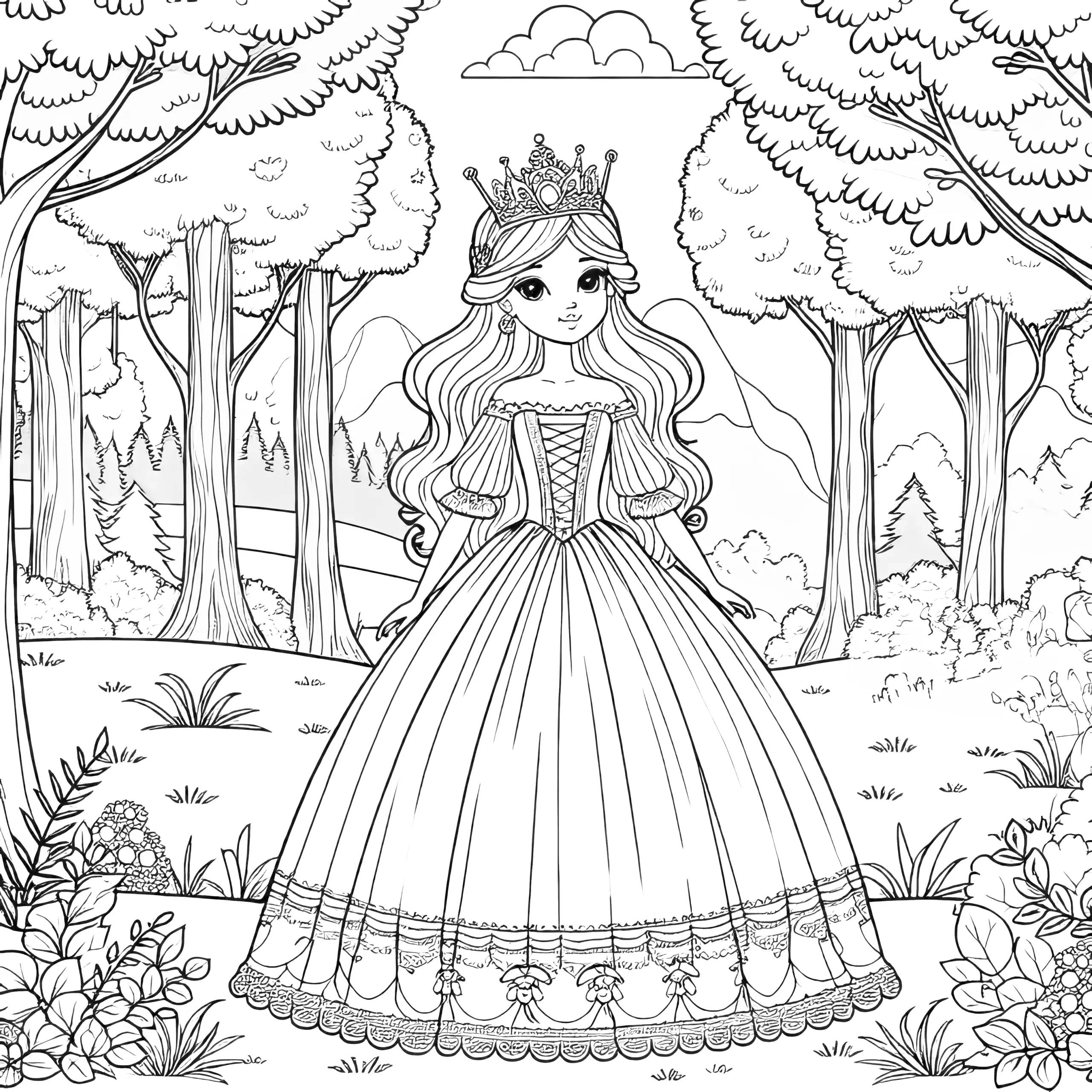 Ausmalbild kostenlos: Wunderschöne Prinzessin im verwunschenen Wald