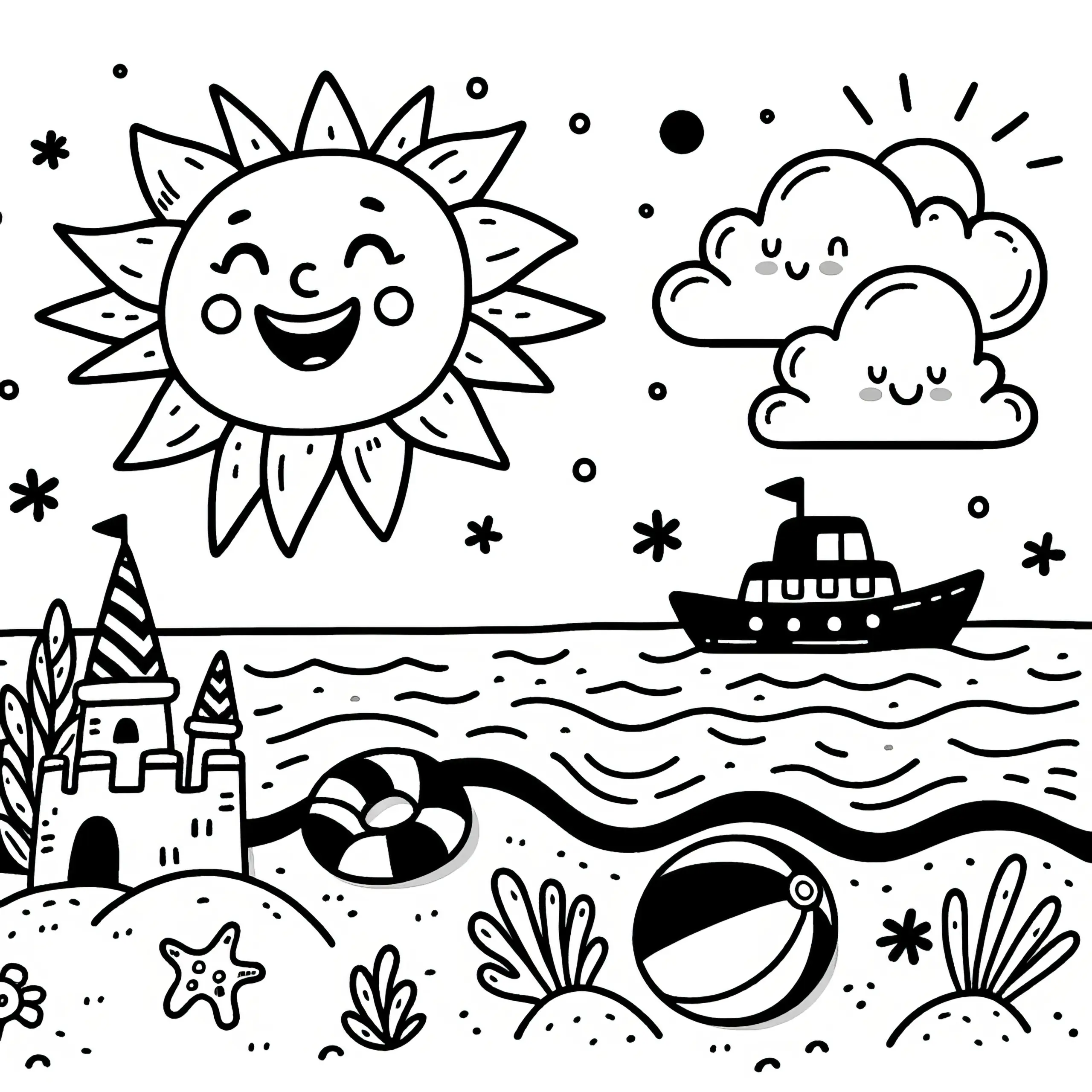 Ausmalbild: Lachende Sonne am Strand (Kostenlos)
