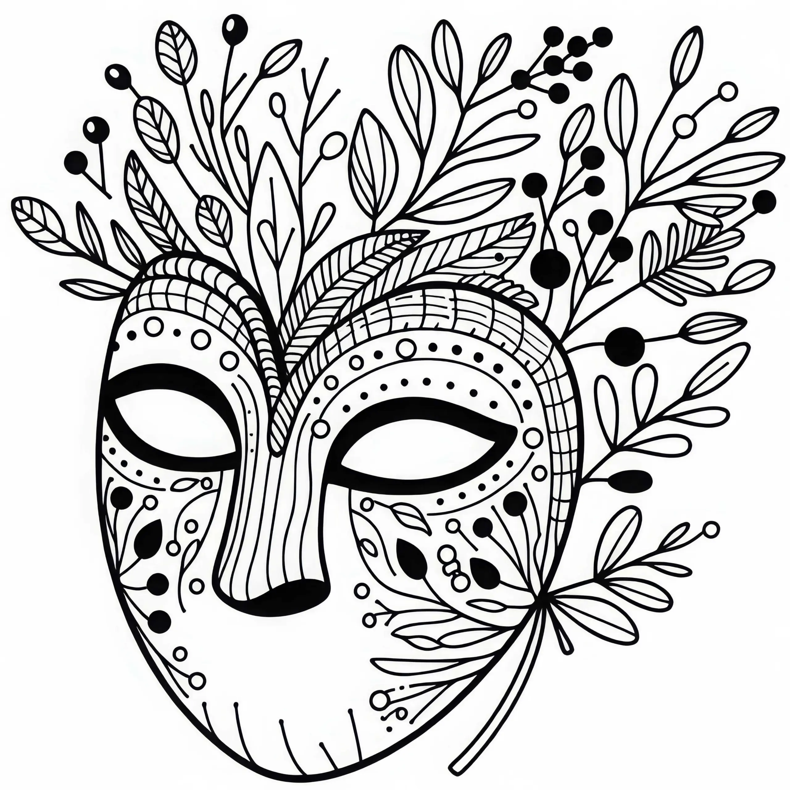 Ausmalbild einer Maske aus Naturmaterialien mit Blättern, Zweigen und Beeren als Deko-Elemente: Gratis Malvorlage