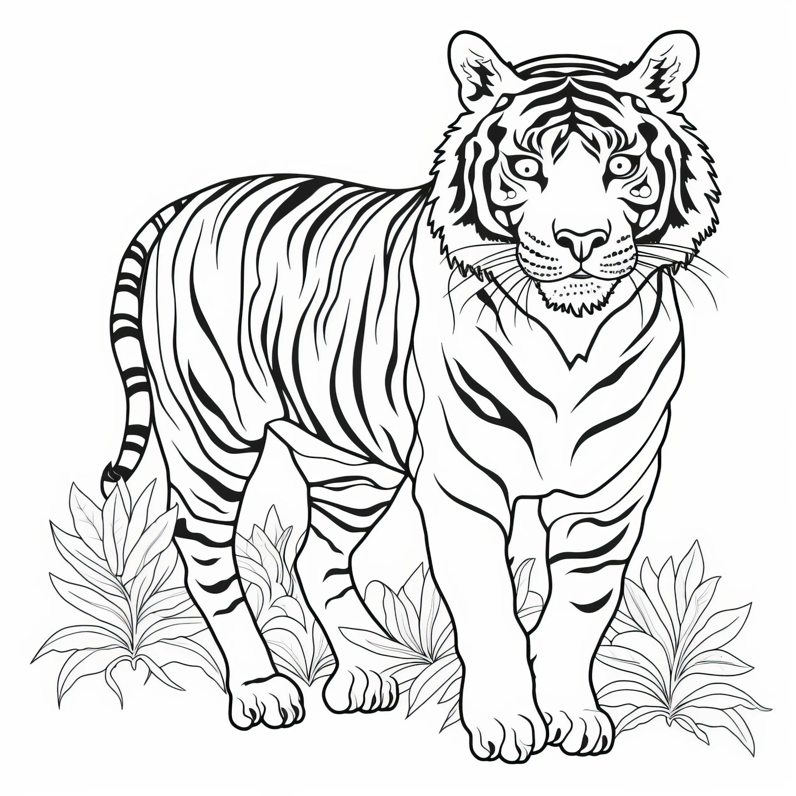 Ausmalbild Raubkatze: Tiger in der Natur mit Pflanzen (Kostenlos)
