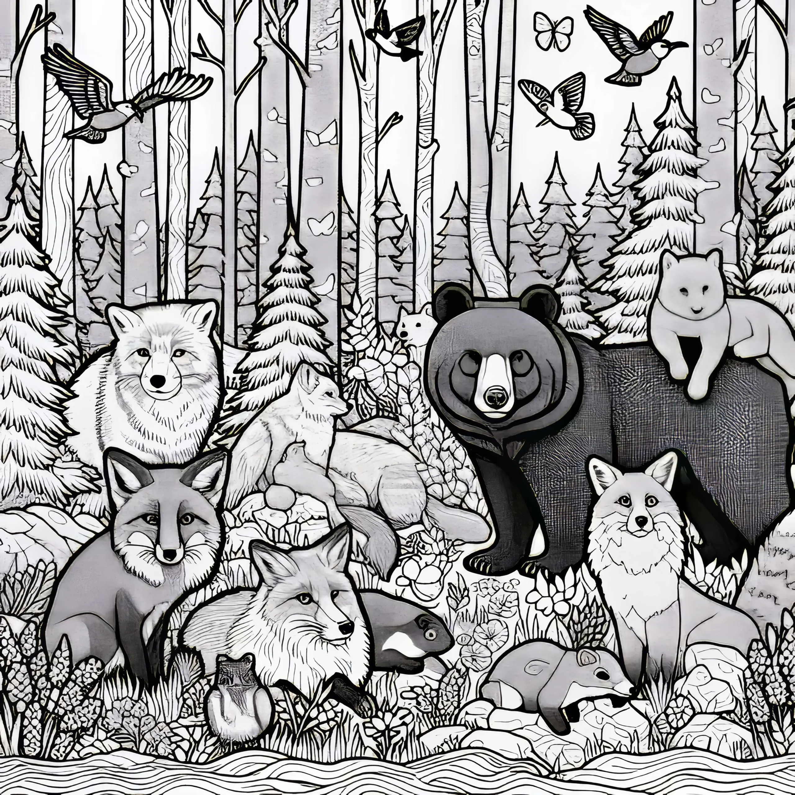 Ausmalbild von Tieren im Wald: kostenlos herunterladen