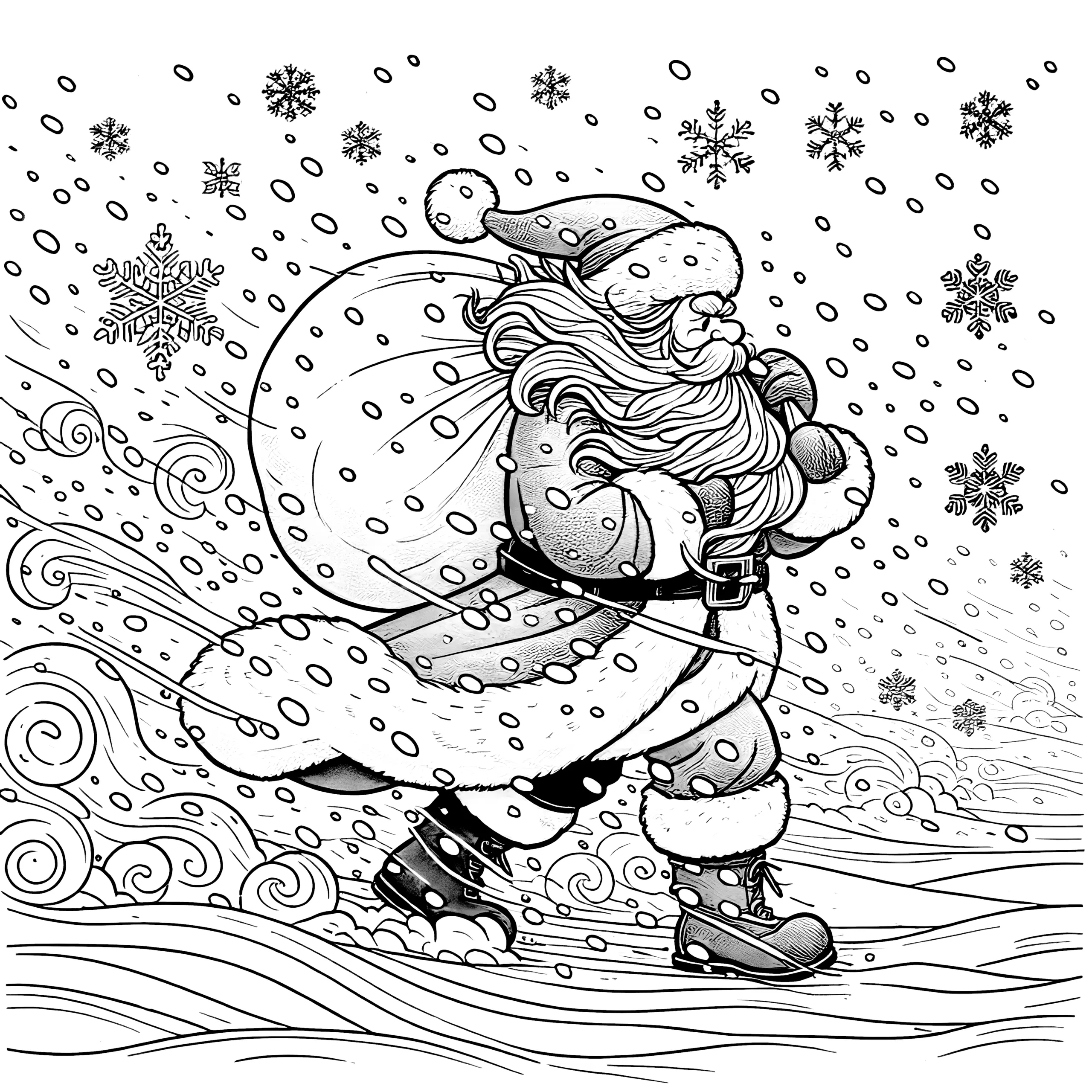Ausmalbild: Weihnachtsmann im Schneesturm