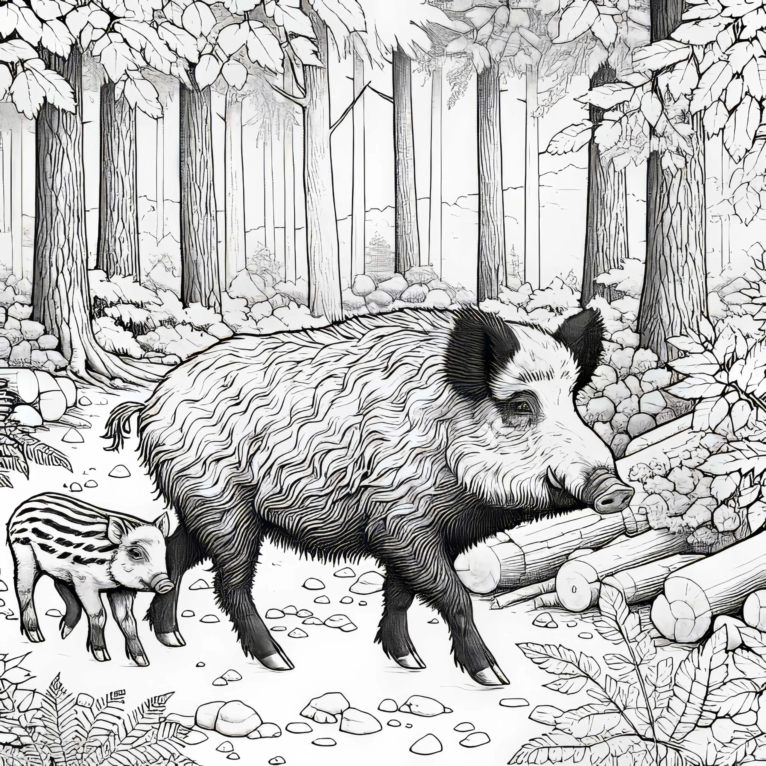 Ausmalbild: Wildschwein-Bache läuft mit Frischling durch den Wald (Kostenlos)