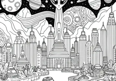 Ausmalbild einer ausserirdischen Stadt zum kostenlosen Download