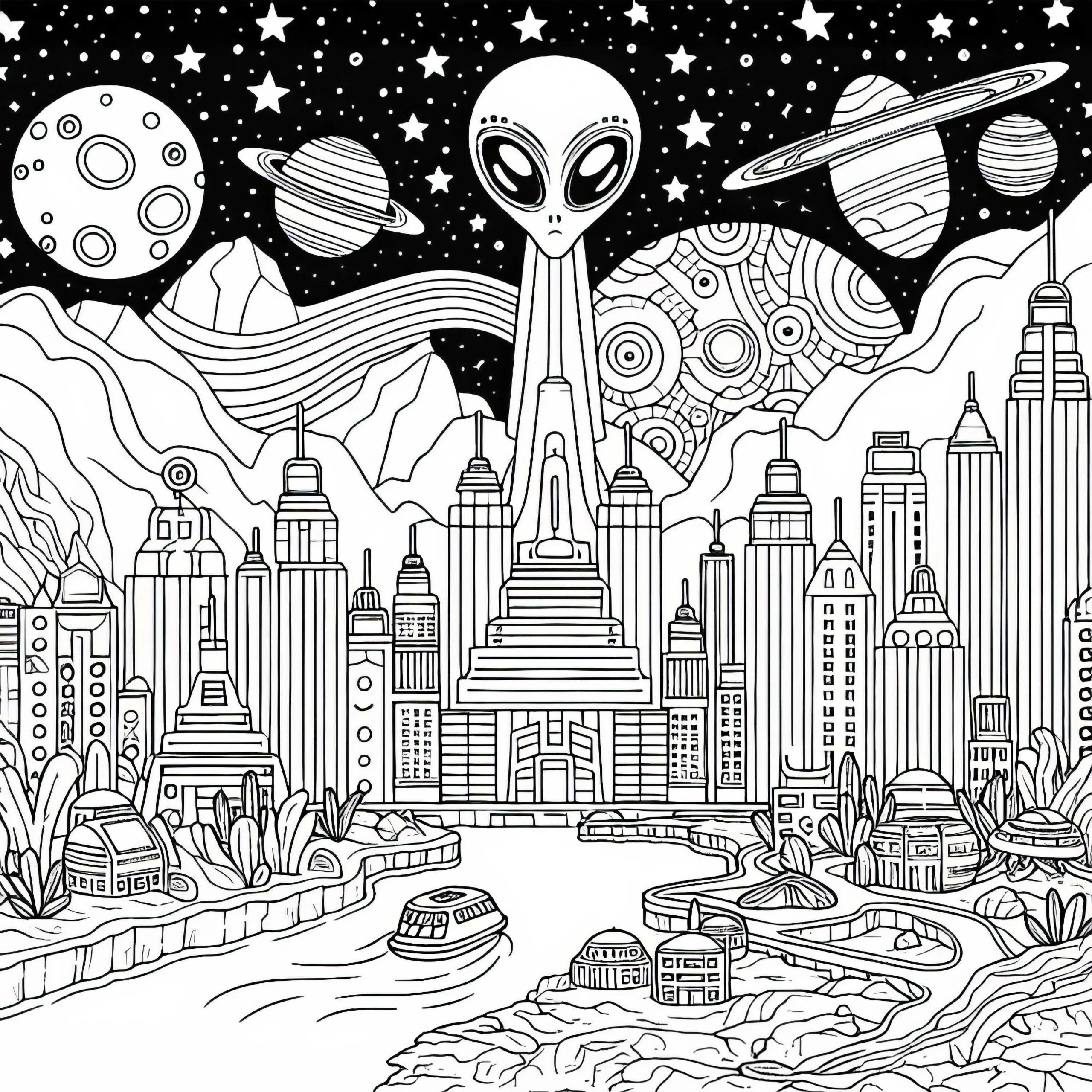 Ausmalbild einer ausserirdischen Stadt zum kostenlosen Download