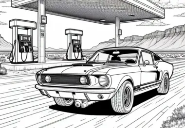 Auto an Tankstelle in Wüste Malvorlage gratis