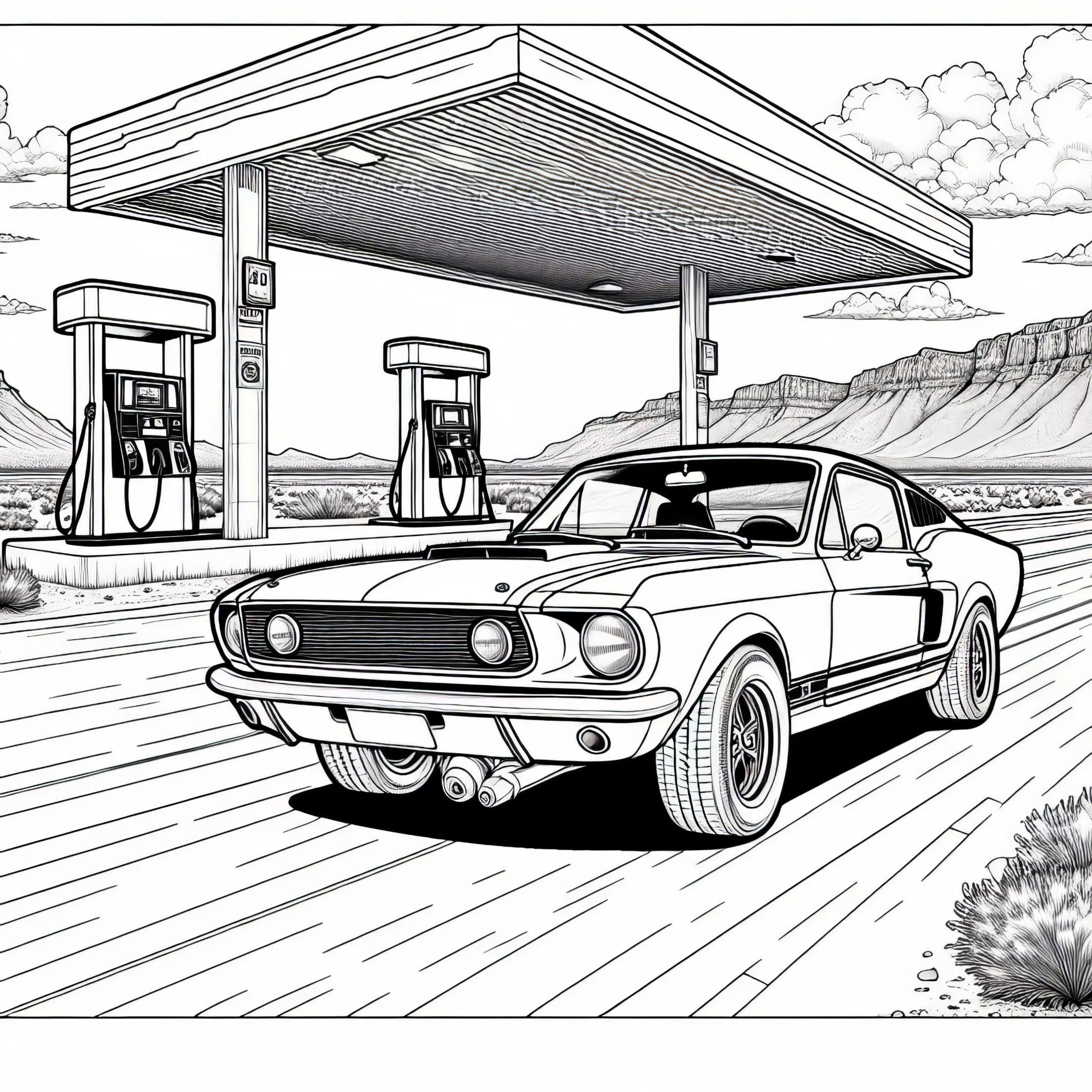 Auto an Tankstelle in Wüste Malvorlage gratis (Ausmalbild)