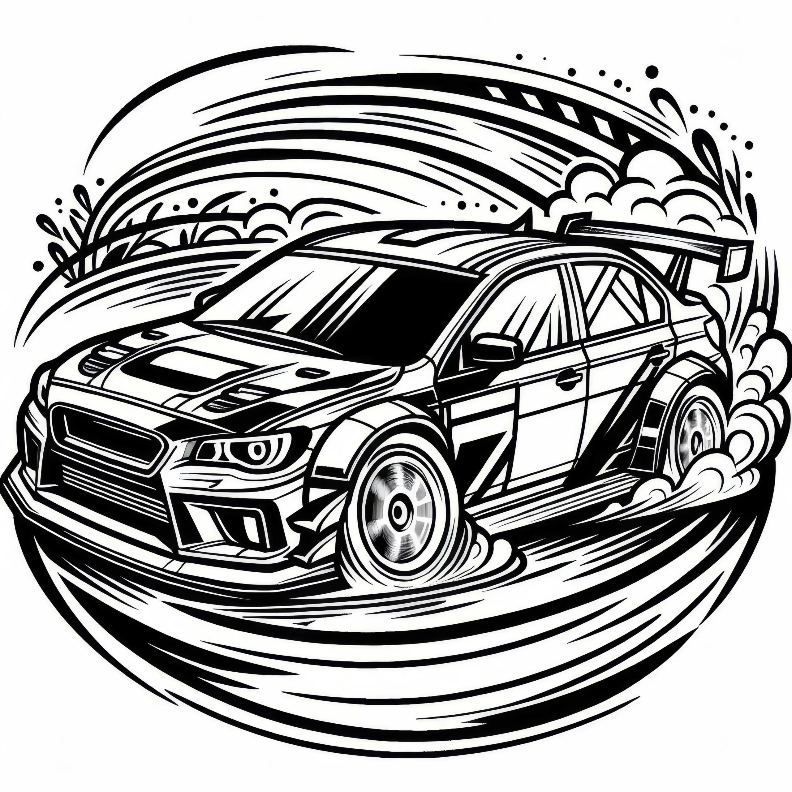Auto driftet bei einer Rallye – spektakulär als Ausmalbild kostenlos