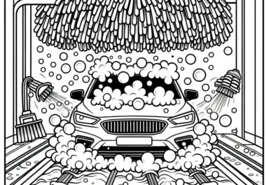 Auto fährt durch Waschanlage mit Schaum, Bürsten und Wasserstrahlen – Ausmalbild kostenlos