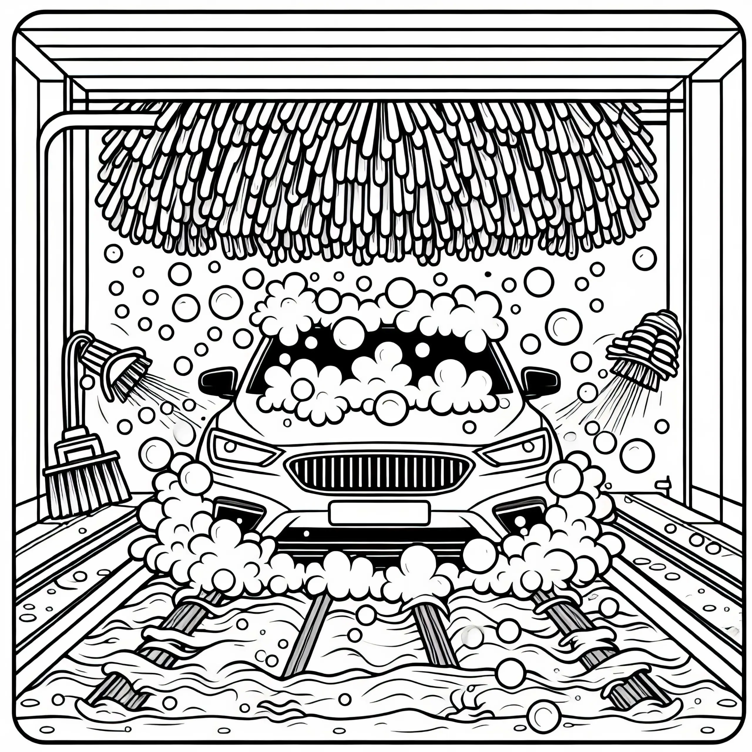Auto fährt durch Waschanlage mit Schaum, Bürsten und Wasserstrahlen – Ausmalbild kostenlos