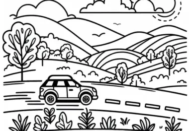 Auto fährt über Landstraße mit Hügeln und Bäumen im Hintergrund – Malvorlage gratis