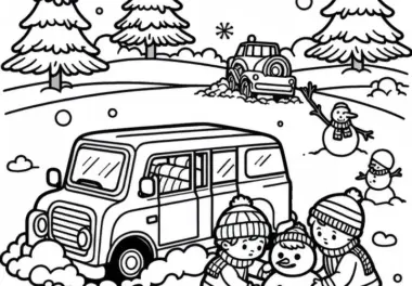 Auto steckt im Schnee fest – Kinder bauen Schneemann Malvorlage kostenlos