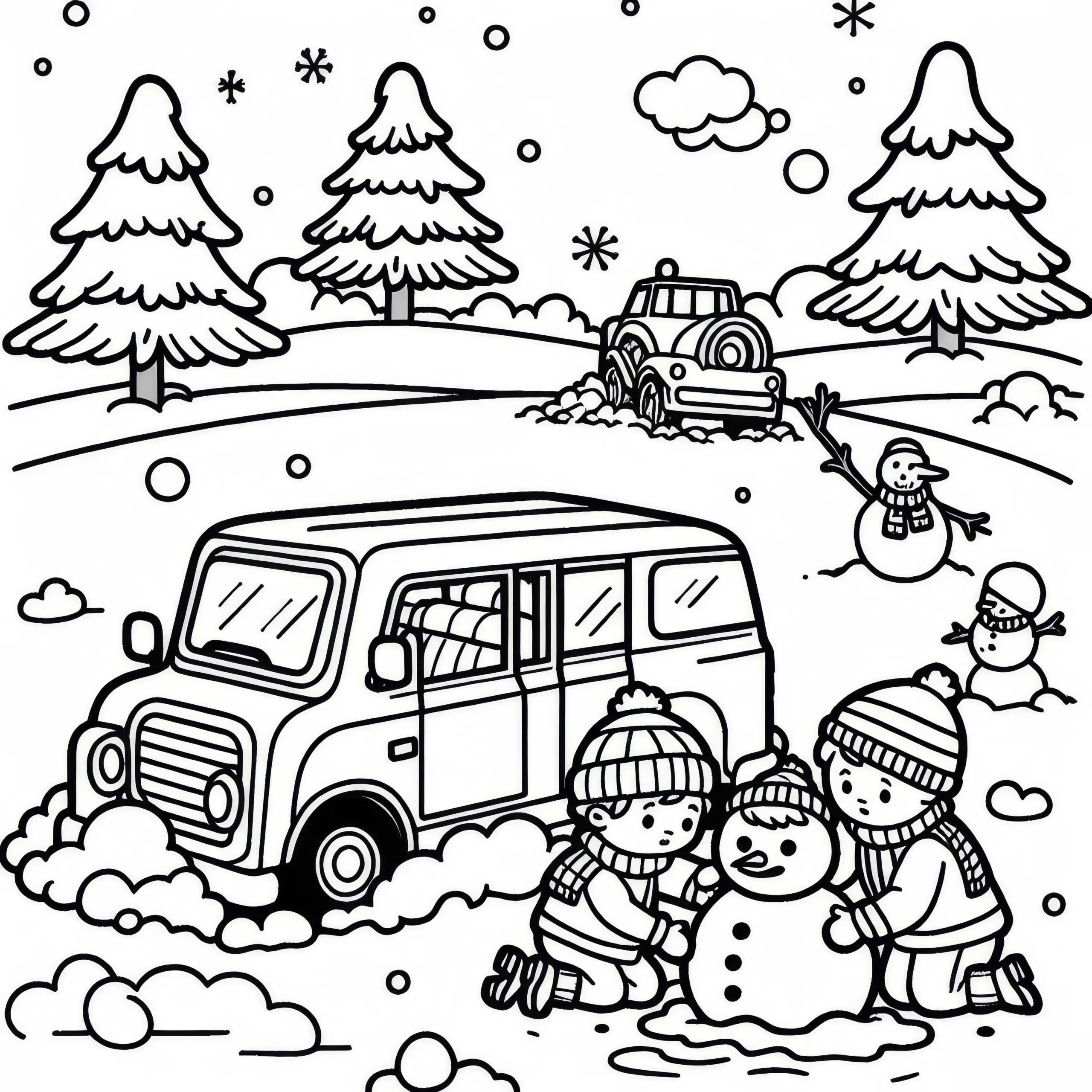 Auto steckt im Schnee fest – Kinder bauen Schneemann Malvorlage kostenlos (Ausmalbild)