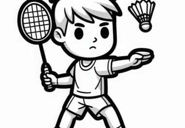 Badminton Spieler nimmt konzentrierte Abwehrhaltung ein – Malvorlage kostenlos