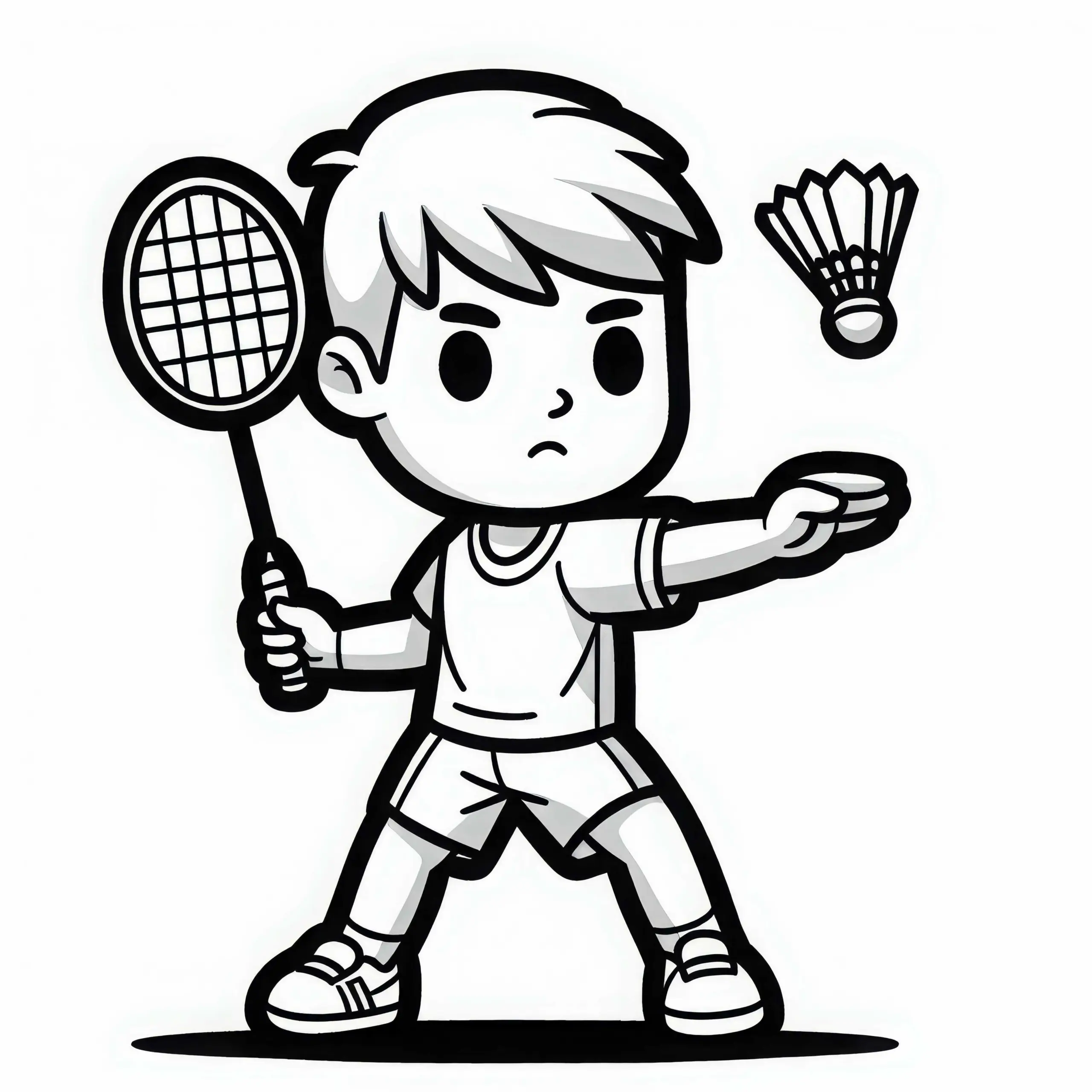Badminton Spieler nimmt konzentrierte Abwehrhaltung ein – Malvorlage kostenlos (Ausmalbild)