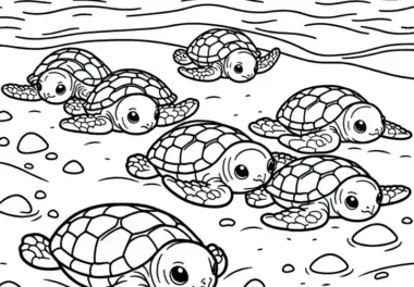 Baby-Schildkröten krabbeln über Sand – Malvorlage gratis