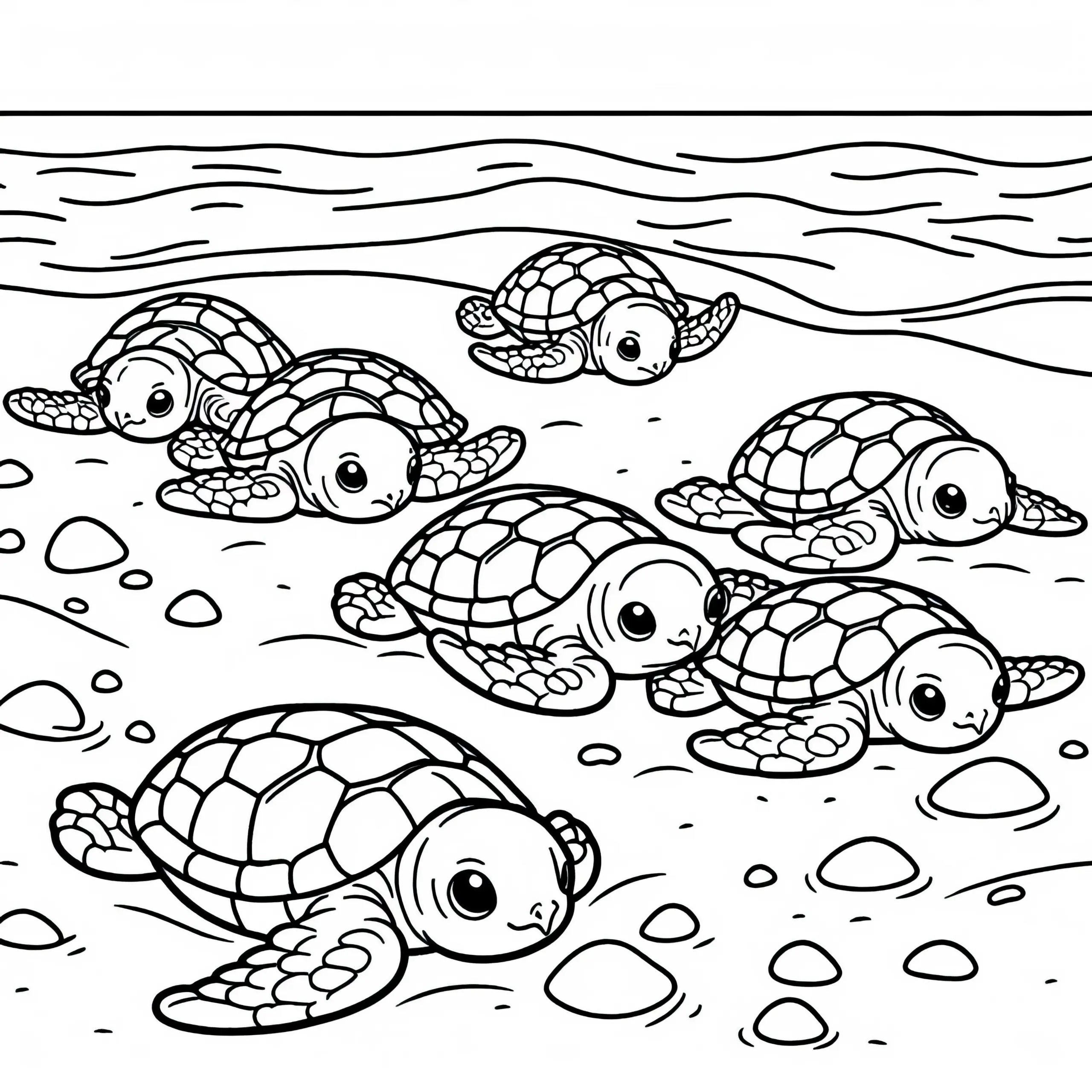 Baby-Schildkröten krabbeln über Sand – Malvorlage gratis (Ausmalbild)