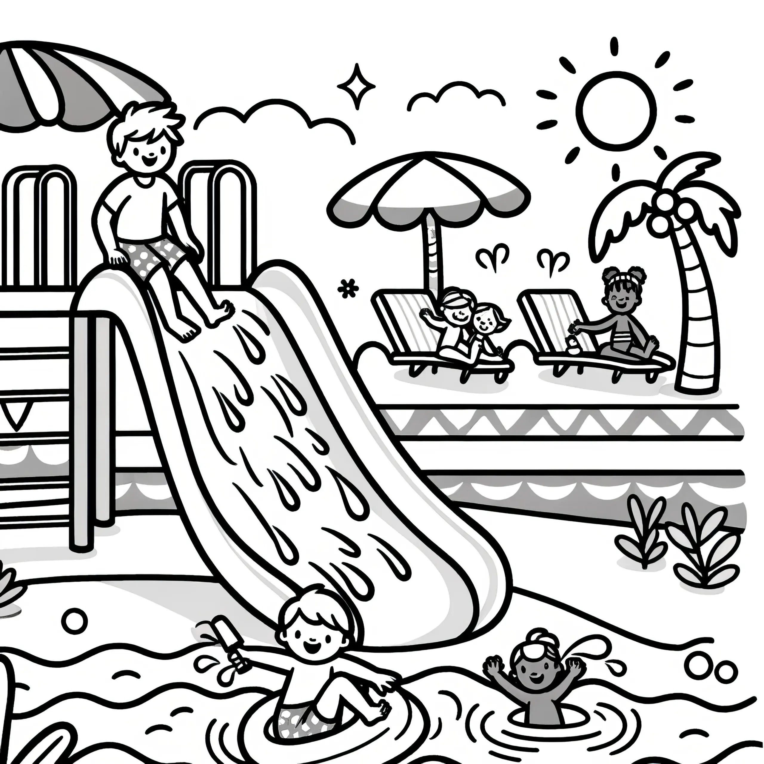 Badespaß im Schwimmbad mit Wasserrutsche und Pool: Ausmalbild zum Herunterladen (Gratis)