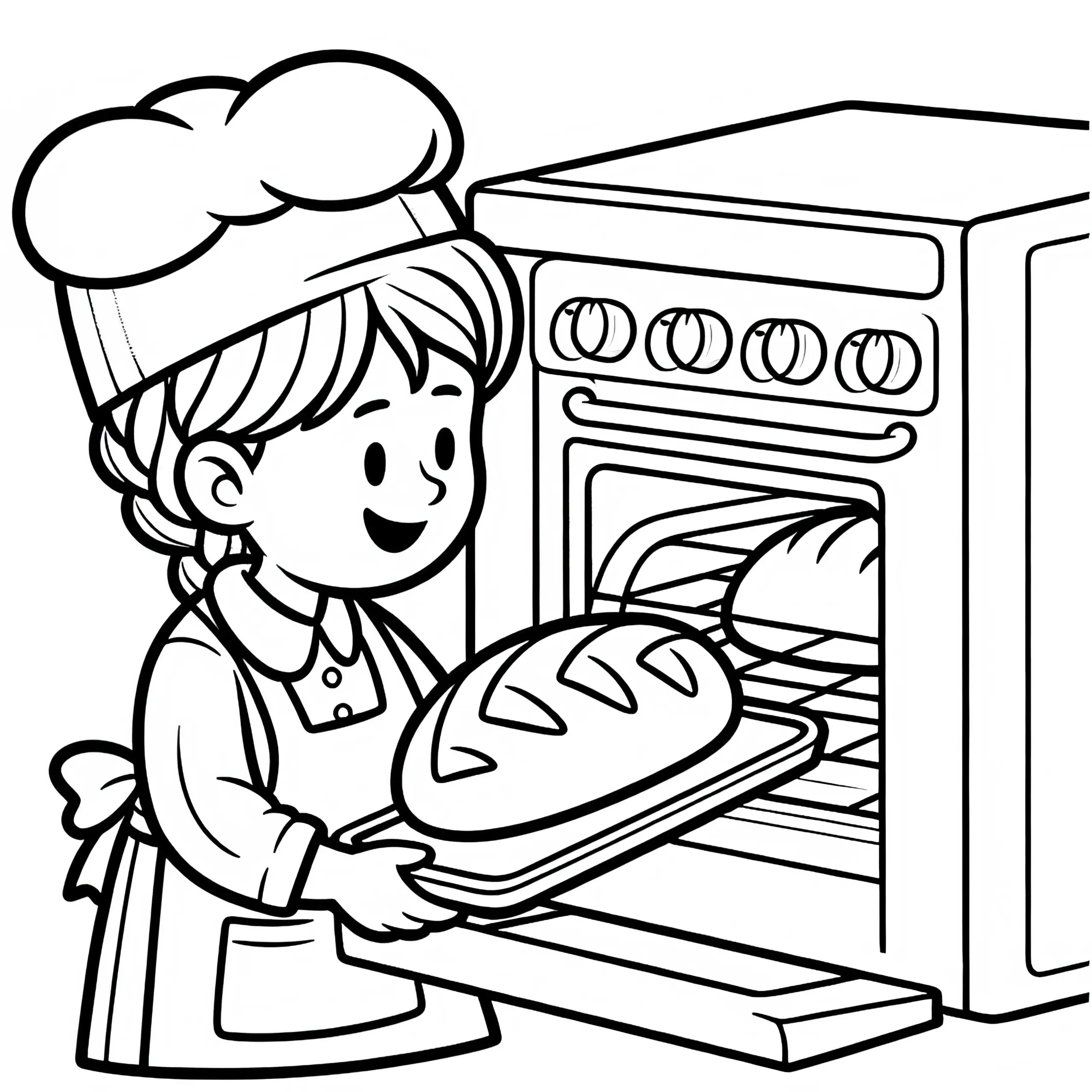 Bäcker holt Brot aus dem Ofen – Malvorlage einfach gratis (Ausmalbild)