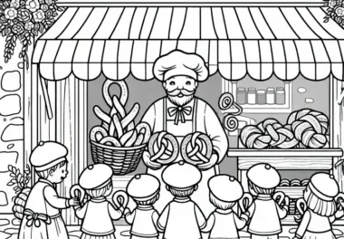 Bäcker mit Brezeln, Croissants und Kindern davor – Ausmalbild Europa gratis