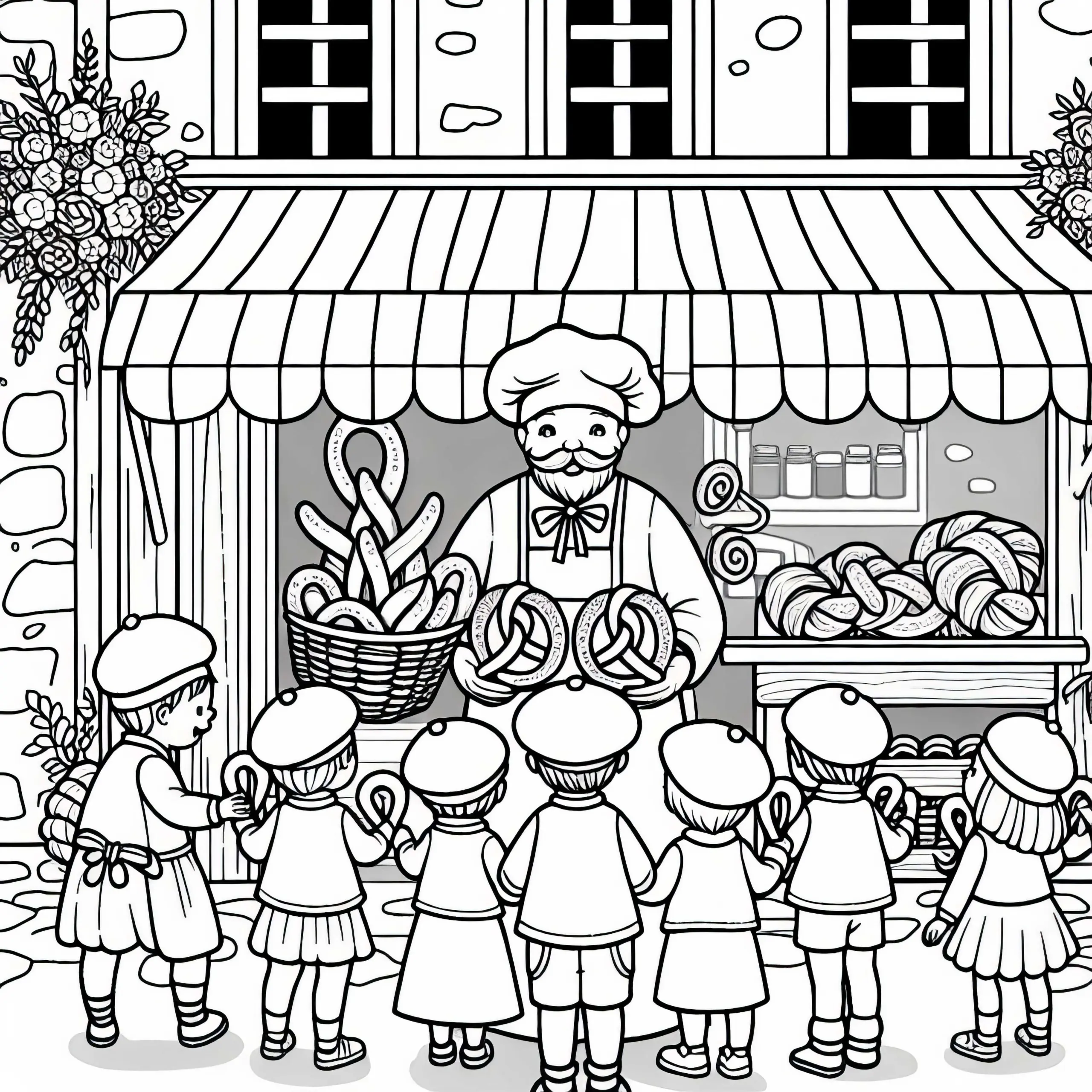 Bäcker mit Brezeln, Croissants und Kindern davor – Ausmalbild Europa gratis