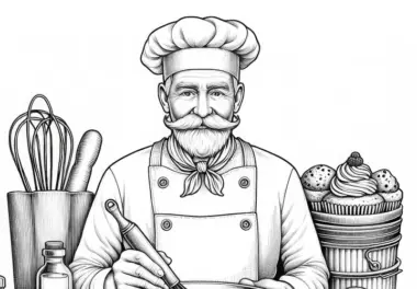 Bäcker mit Rührschüssel und Schneebesen – Malvorlage Detailreich Kostenlos