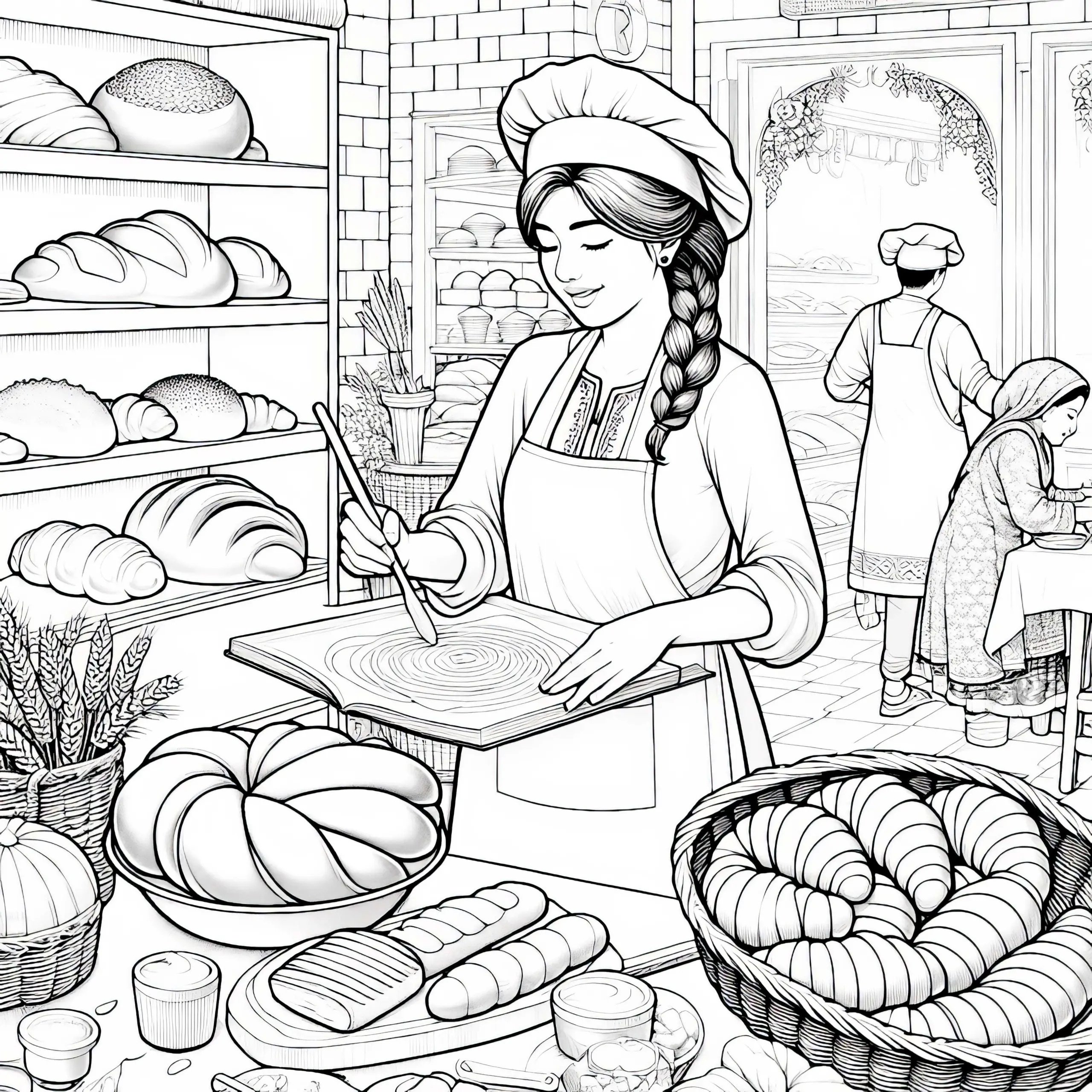 Detailreiches kostenloses Ausmalbild einer Bäckerei