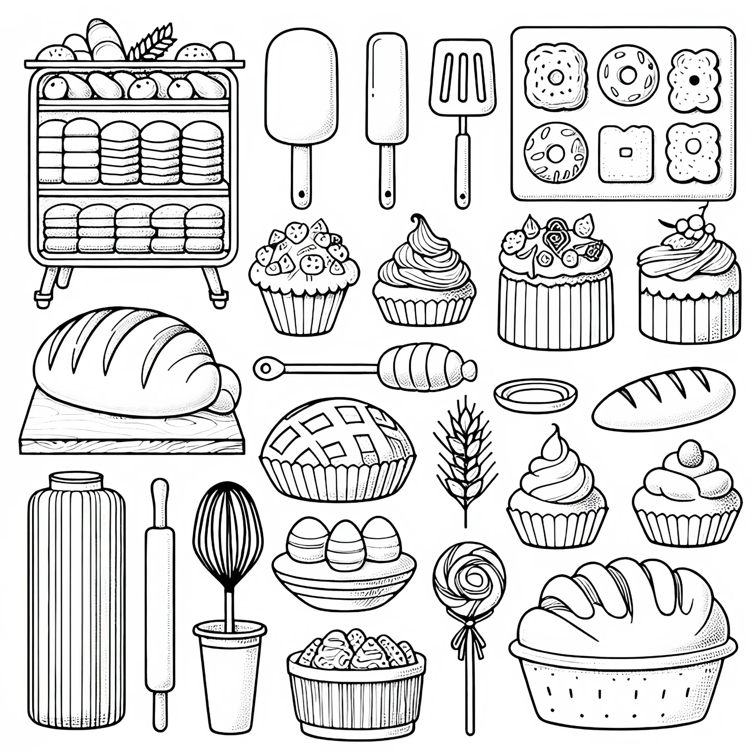 Ausmalbild verschiedener Backwaren aus der Bäckerei – kostenlos und einfach