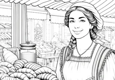 Bäckerin auf dem Frühmarkt mit frischem Gebäck – Ausmalbild