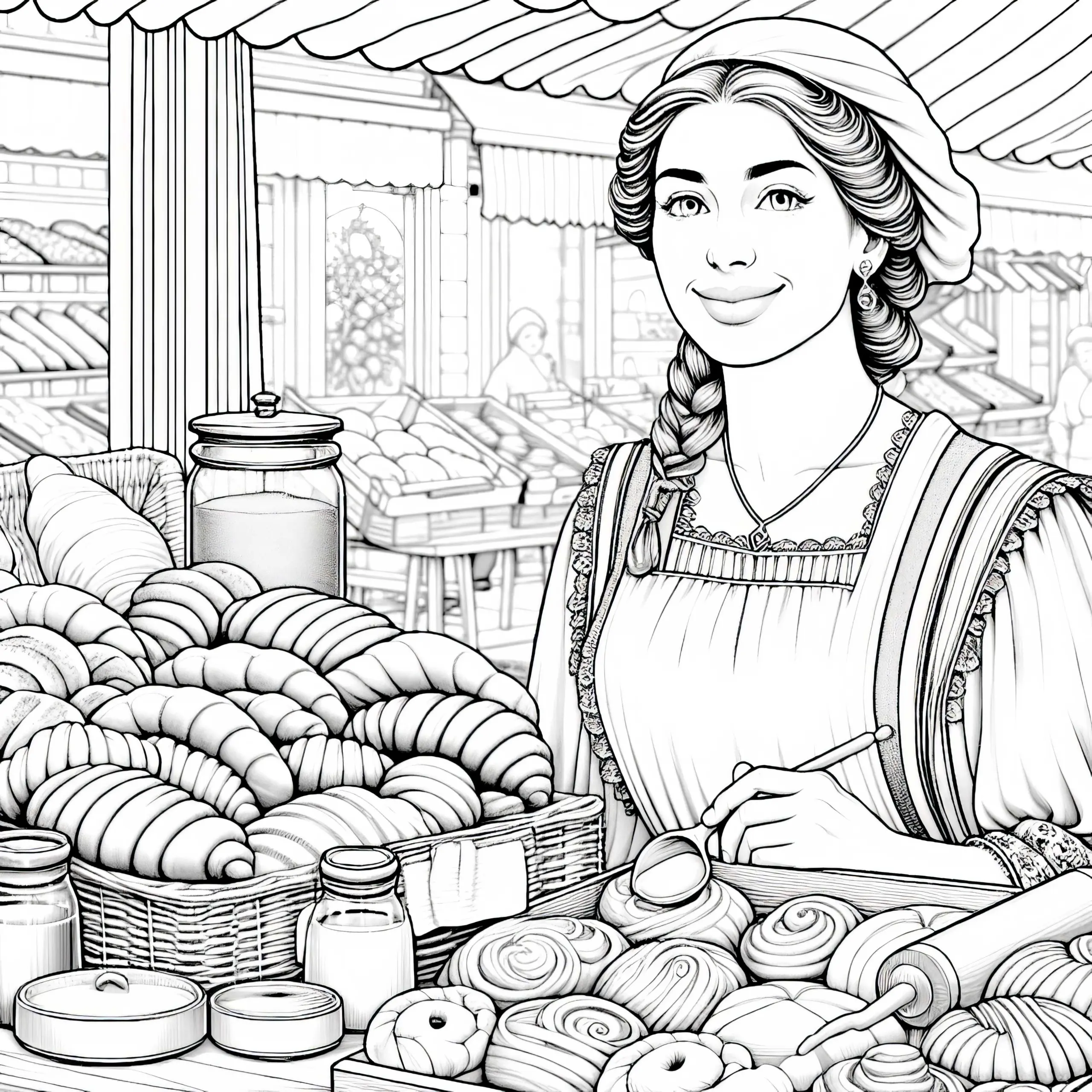 Bäckerin auf dem Frühmarkt mit frischem Gebäck – Ausmalbild