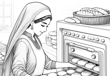Bäckerin Holt Brötchen Aus Ofen – Ausmalbild Detailreich und Kostenlos