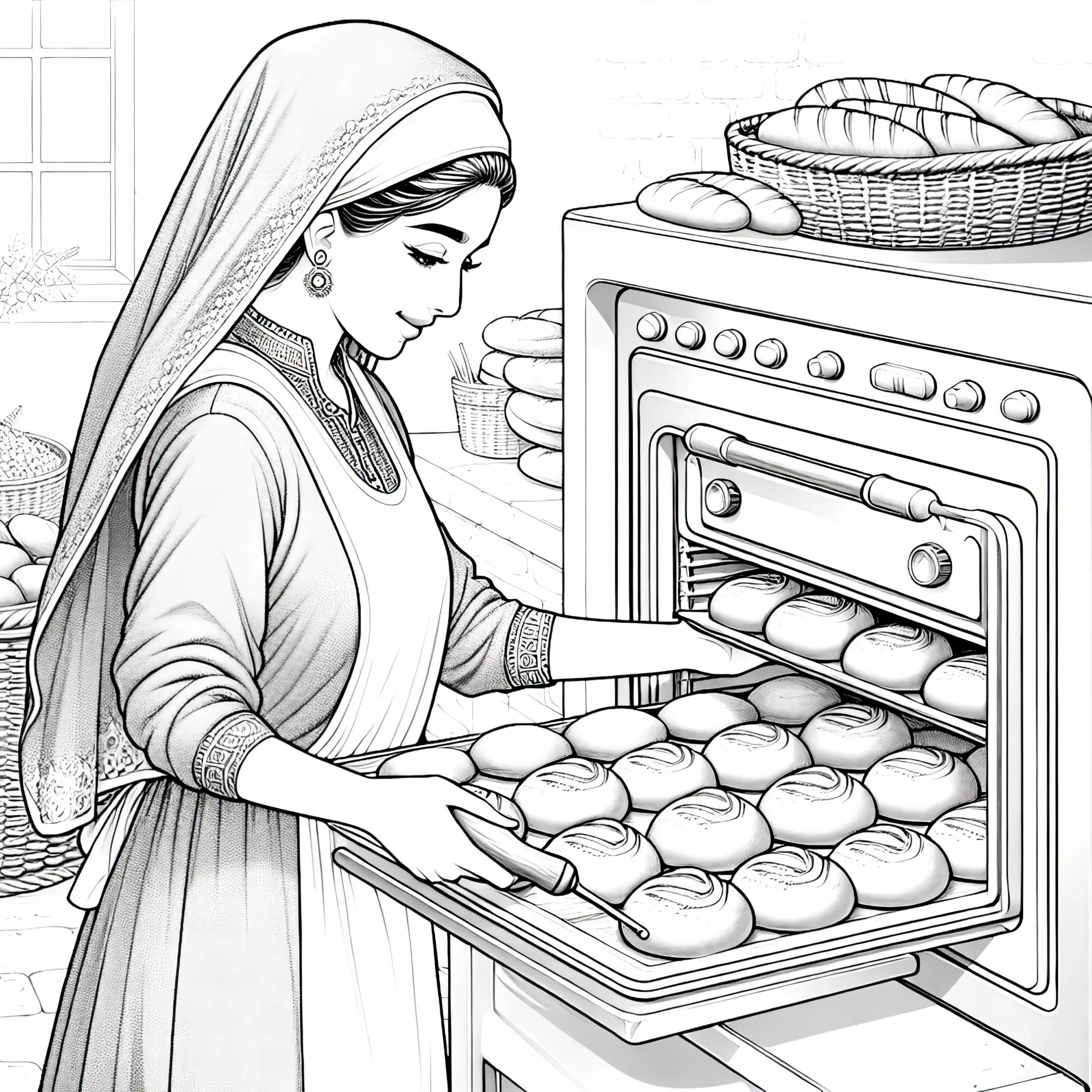 Bäckerin Holt Brötchen Aus Ofen – Ausmalbild Detailreich und Kostenlos