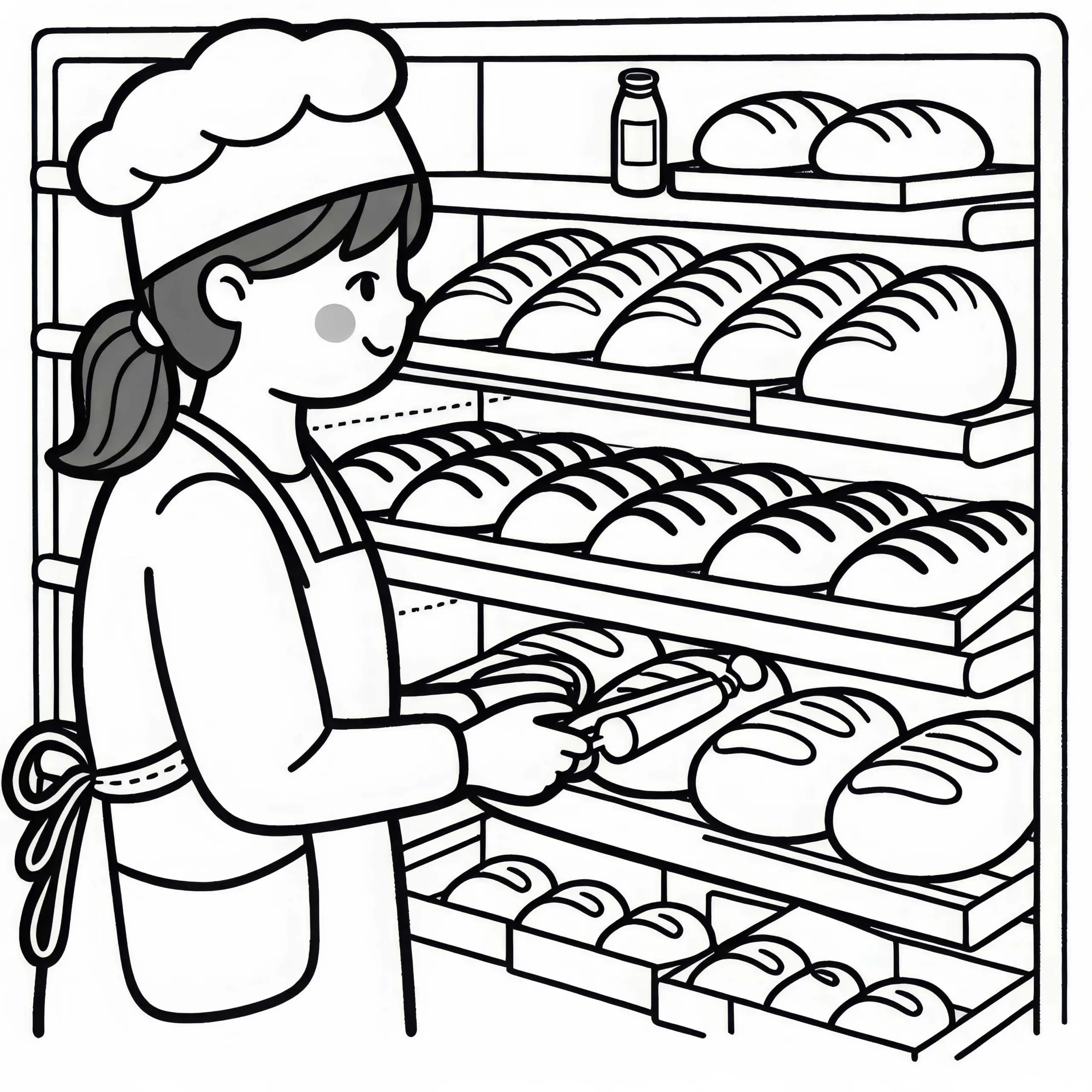 Bäckerin in Bäckerei mit Brot-Regal – Ausmalbild einfach gratis
