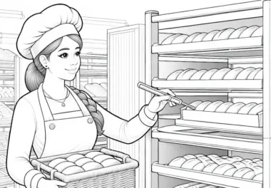 Bäckerin in der Bäckerei mit Regal voller Brote – Ausmalbild detailreich gratis