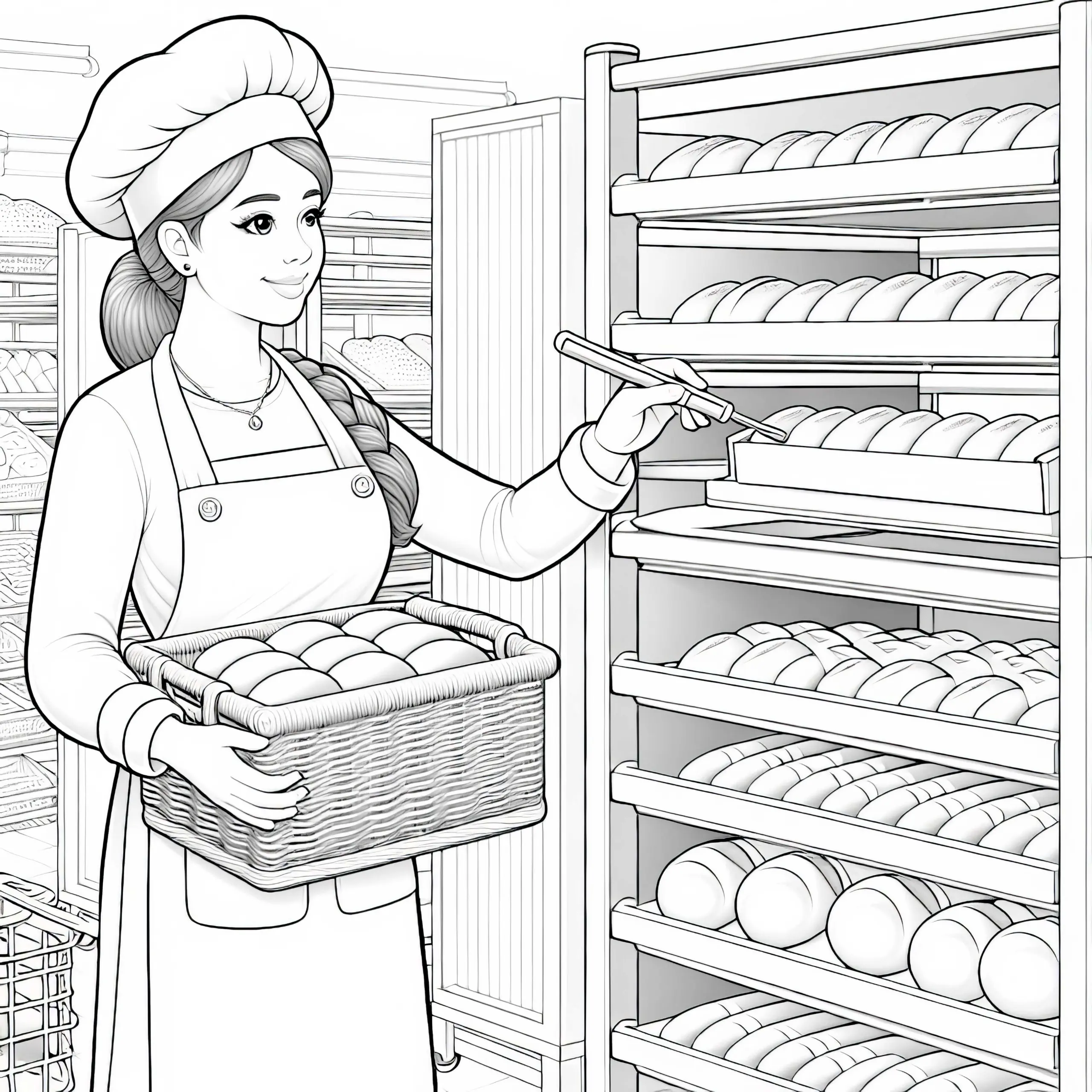 Bäckerin in der Bäckerei mit Regal voller Brote – Ausmalbild detailreich gratis