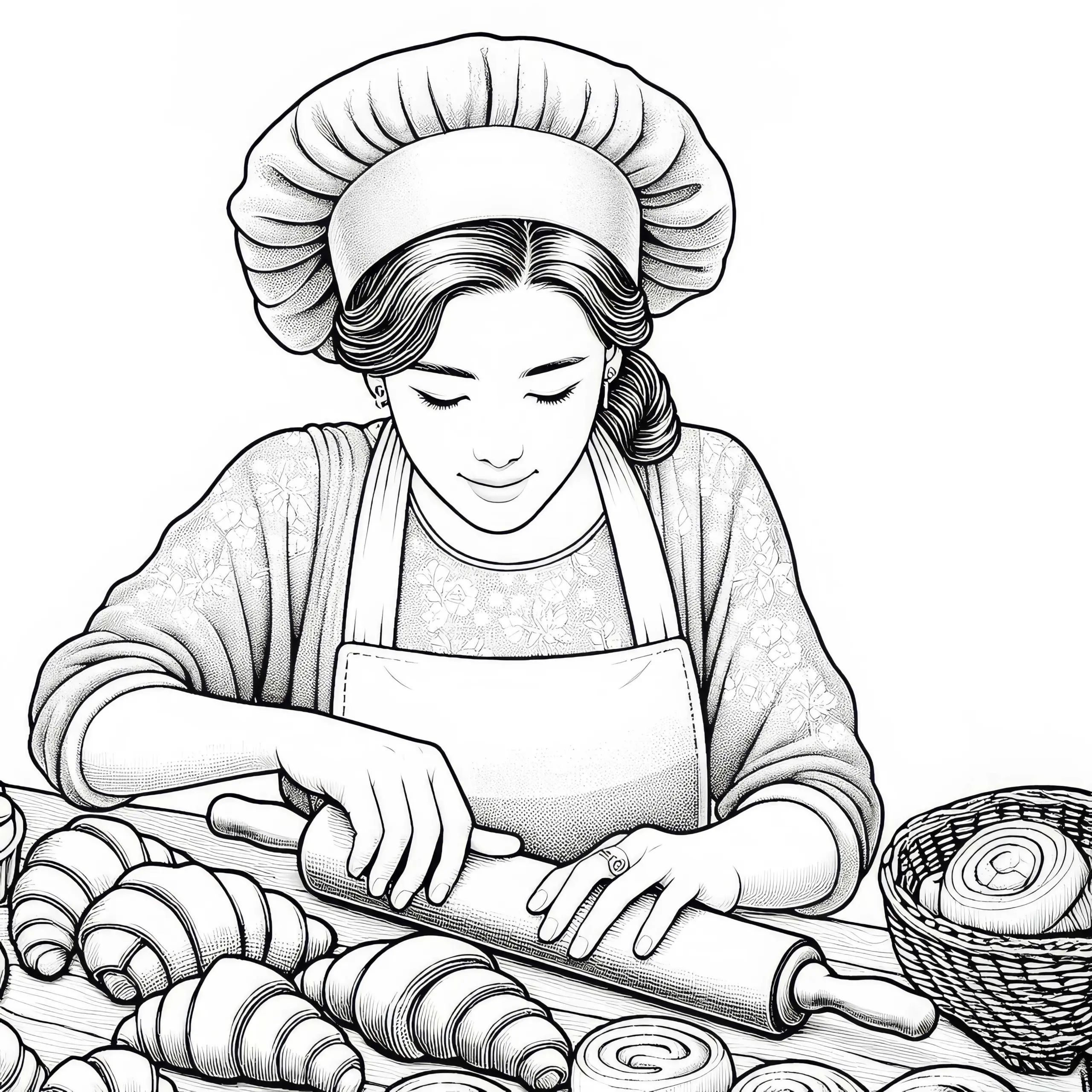 Bäckerin mit Croissants – Ausmalbild kostenlos und detailreich
