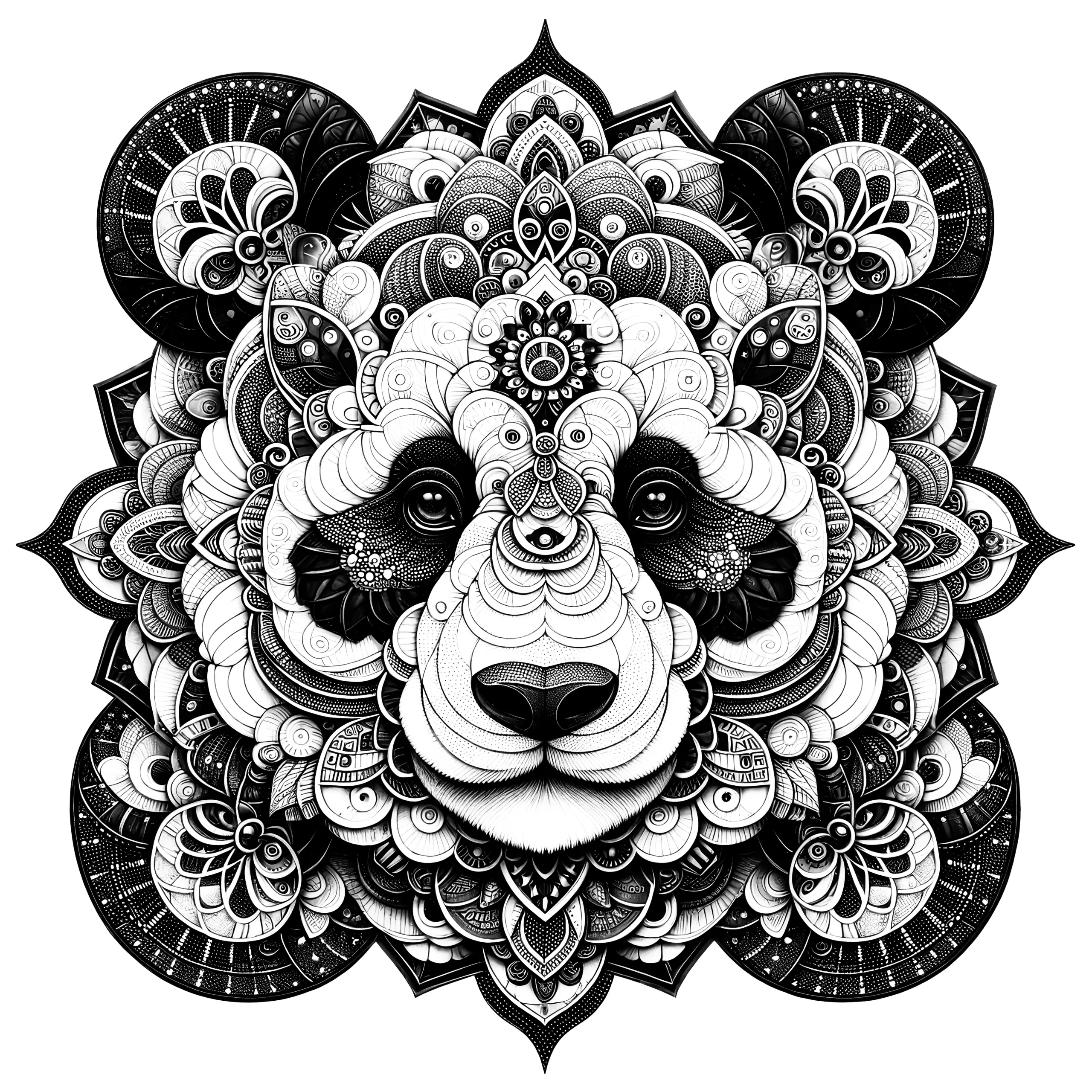 Bärengesicht im komplexen Mandala: Kostenlos zum Download (Ausmalbild)