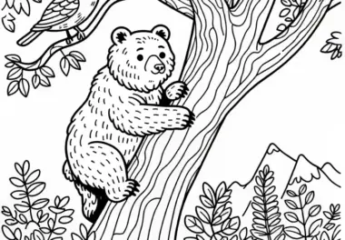 Ein Bär klettert auf einen Baum – Ausmalbild gratis