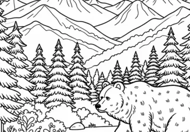 Bär läuft durch Berglandschaft mit Tannen, Felsen und weiter Sicht – Ausmalbild kostenlos