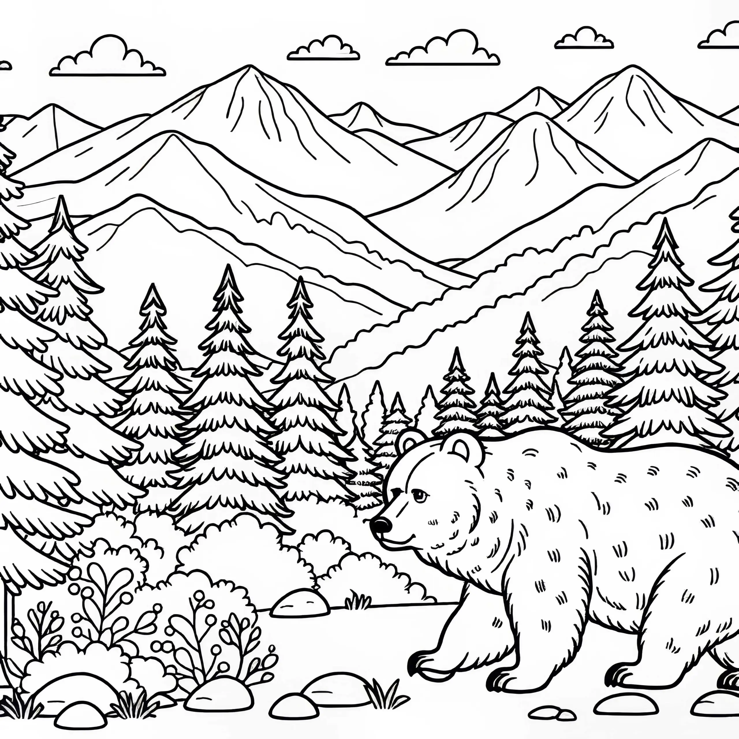 Bär läuft durch Berglandschaft mit Tannen, Felsen und weiter Sicht – Ausmalbild kostenlos