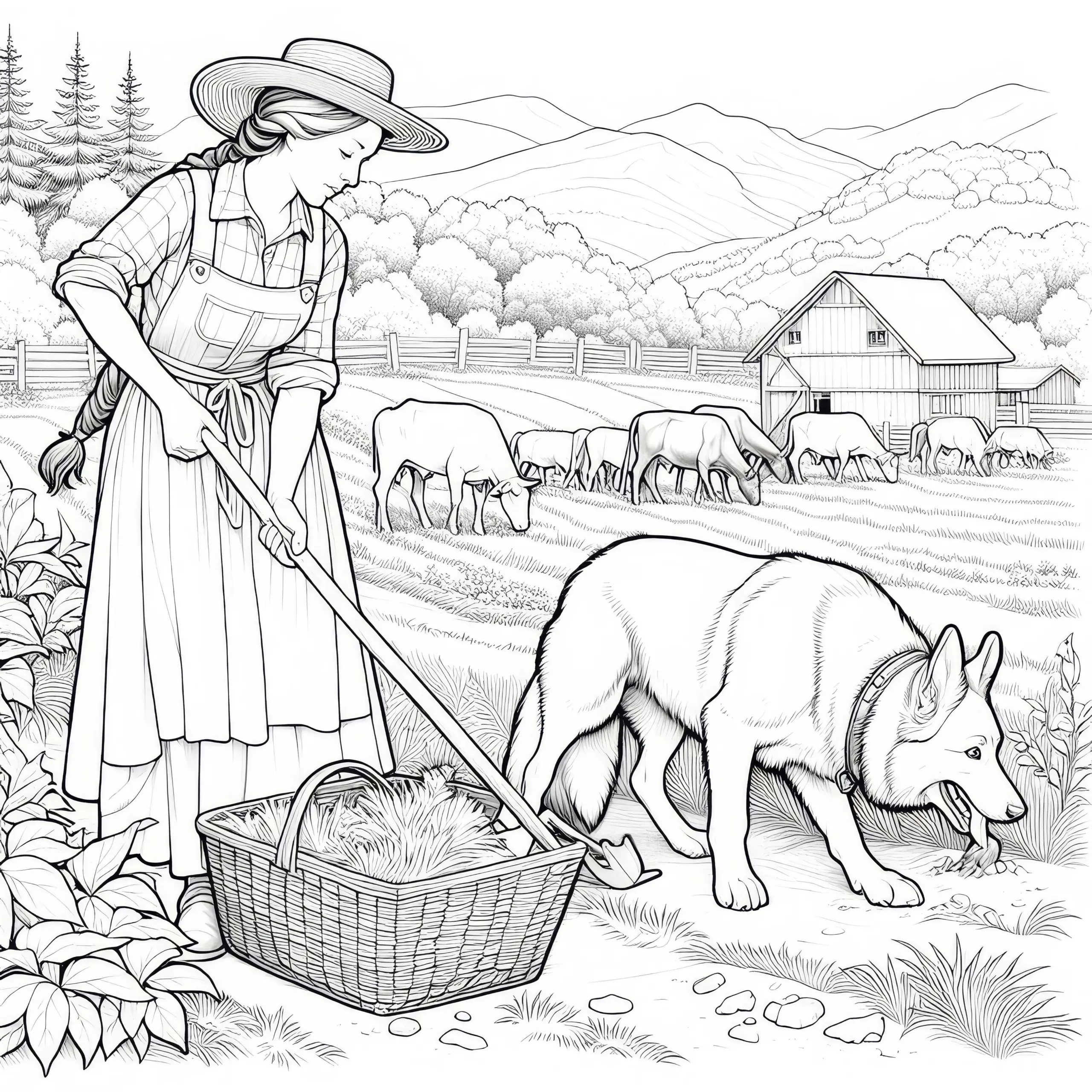 Ausmalbild einer Bäuerin mit Hund bei der Arbeit auf der Weide – Kostenloser Download